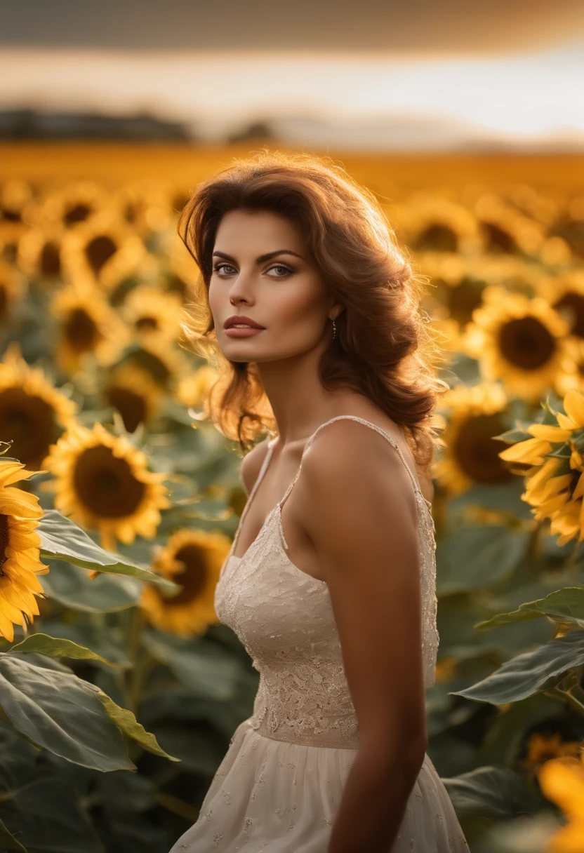photo of beautiful young Sophia Loren from the 1970s in a field of sunflowers, con falda y top posando para una foto, sexy girl, Mujer encantadora, Mujer bonita, beautiful woman, Mujer impresionante, pose casual, beautiful little girl , chica atractiva, look sexy, Pretty girl, hermosa imagen, (red lips lipstick), maquillaje elegante, puesta del sol, estilo por (Steve McCurry), Dispositivo Nikon Z FX, Muelle EF 70mm, cinematic lighting, Fondo del estudio, Long exposure style, Tipo de tiro largo, Escena de colores vibrantes, fotorrealista, intrinsic, Cara hermosa, Cara ultra detallada, cuerpo perfecto, cuerpo completo, impecable, realista, Altamente detallado, Art Station, tendencia, Obra maestra, Cara realista, Piel realista, ojos detallados, Gran arte, Render ultra realista N-9, 4k, 8k, 16k, 20k, HDR, UHD, 64k, Perfect lighting, Studio lighting, fotorrealista, hiperrealista, face symmetrical, Motor irreal, Bokeh, high resolution scan, Professional Photography