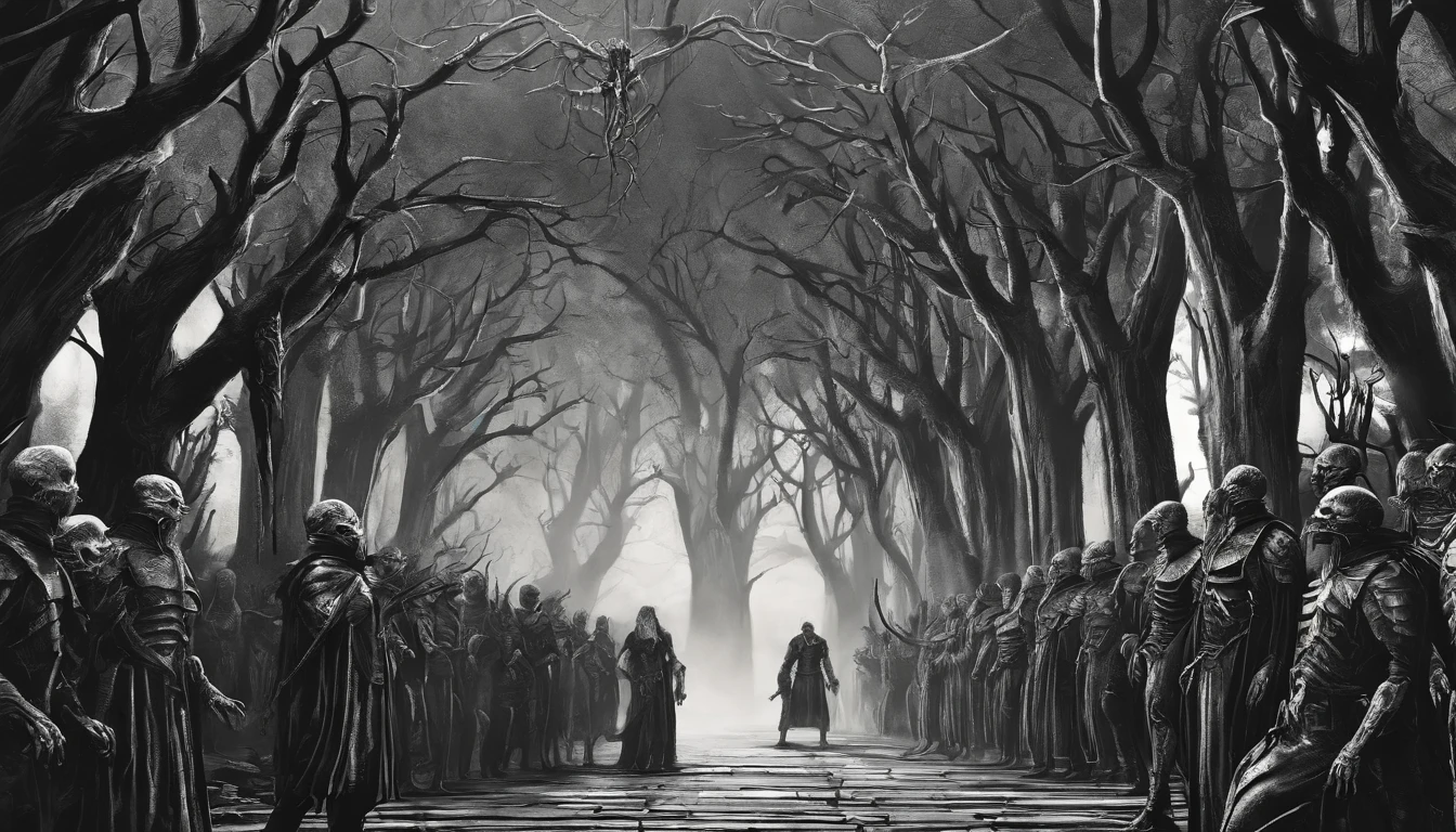medieval zombie swarm Scene HR Giger Style ::n_Style drawing, Low quality defects, human - shaped, games, Anime, black and white