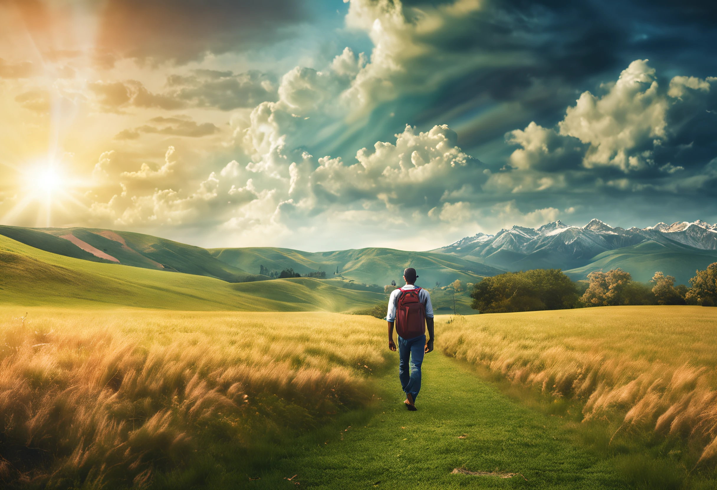 Theme: God with us
Style: Realistic, with vivid colors and contrasts
Elements: A person walking through a green field, holding a bible in their right hand and a bright light in their left hand. The light illuminates the person’s path and forms the word “God” in the clouds. The sky is blue and the clouds are white. The image conveys peace, trust and joy.