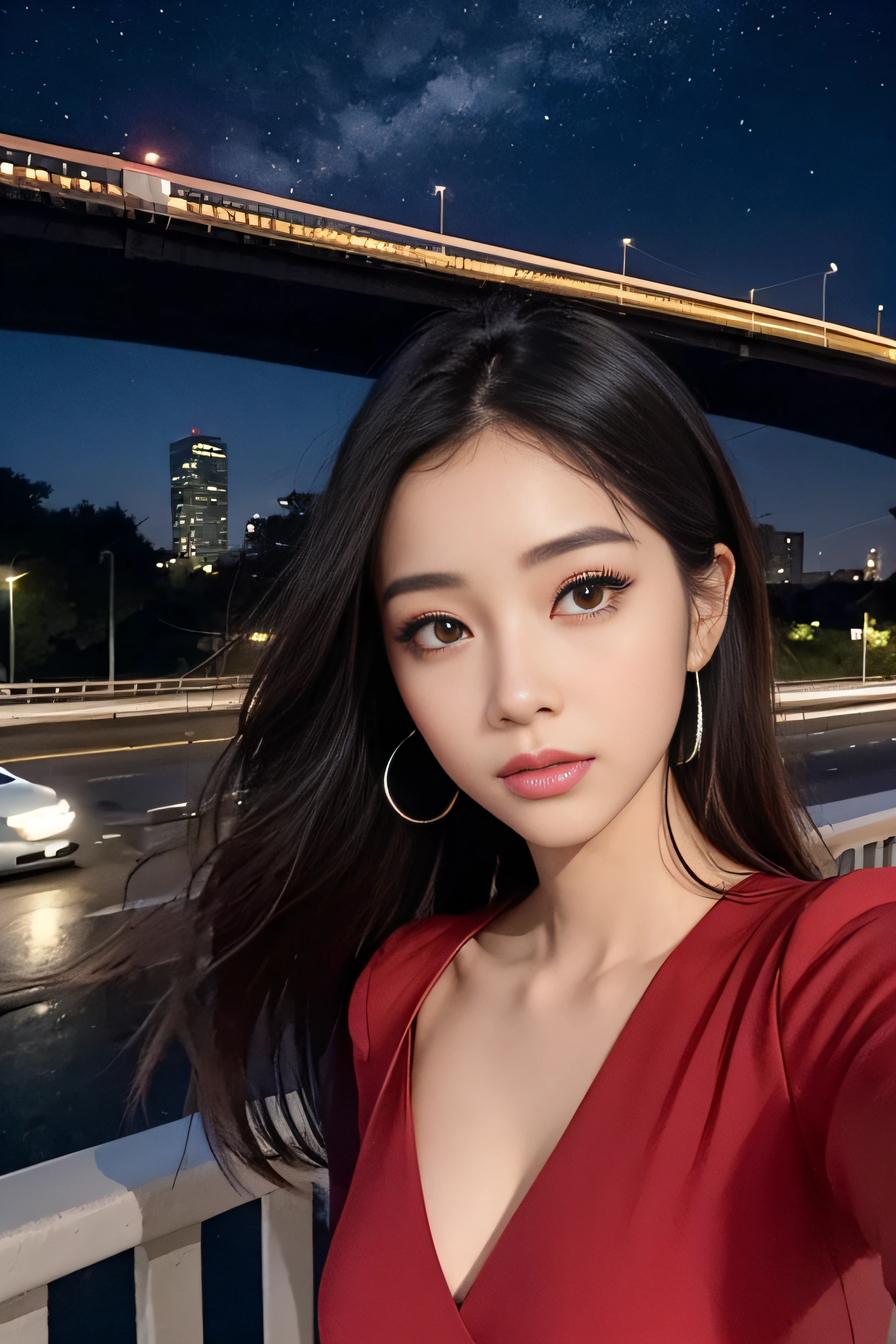 (1womanl:1.2)、(Super beautiful)、(beauitful face:1.5)、(Stand on a pedestrian bridge)、A line of cars was driving on the road under the pedestrian bridge、When stopping at a traffic light、Everyone turned red、Cold night breeze、A half-moon was floating right next to the building