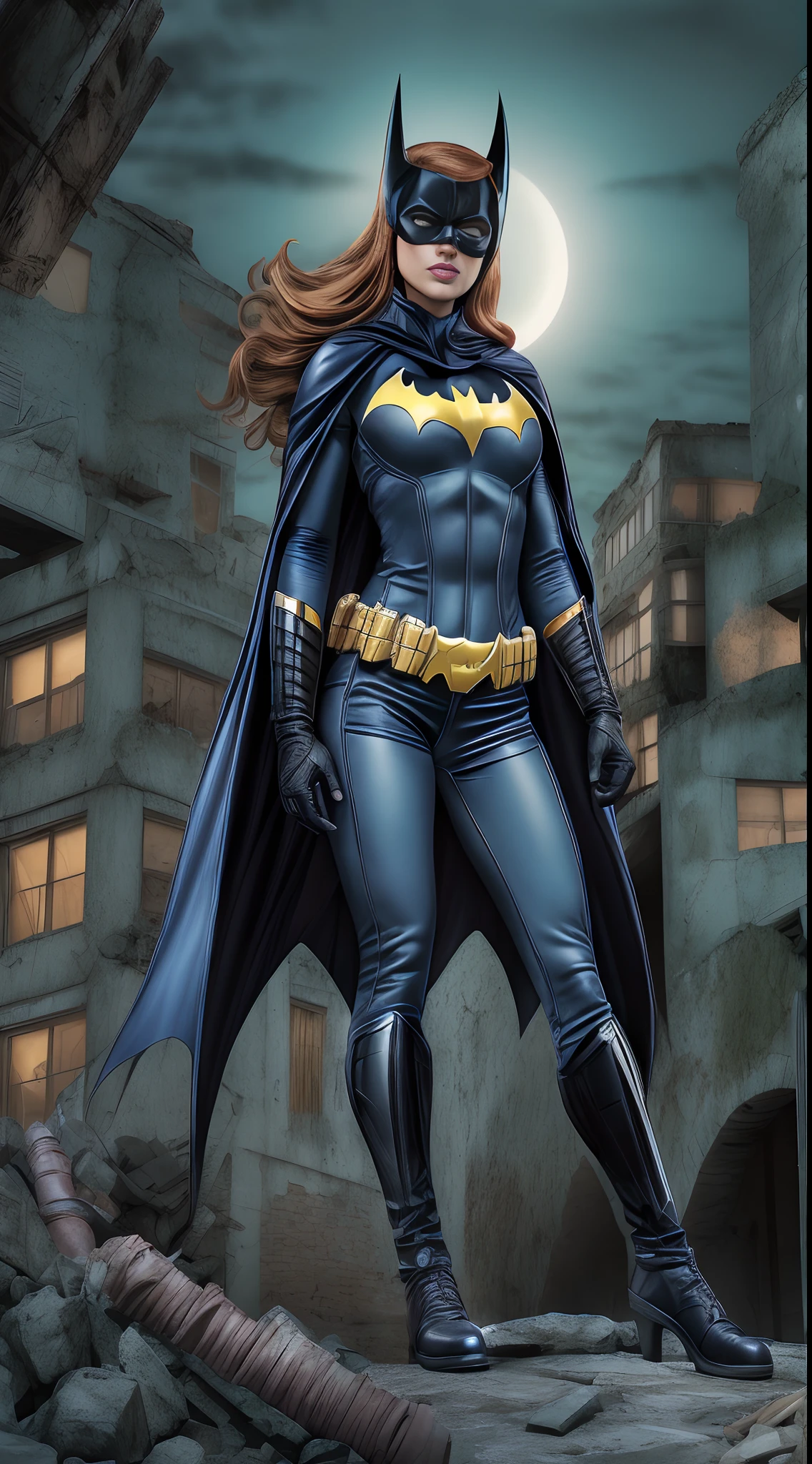 Batgirl DC Comics vestindo um uniforme apertado com uma capa preta em um beco escuro e sinistro sob uma luz de rua fraca, (Sensual pose with hands on waist), (Noite chuvosa com nevoeiro), Batgirl, Bodysuit, corpo tonificado, quadris largos, Allan Moreira, DC Quadrinhos, gothic scenario, Cidade de Gottam. Batgirl is awe-inspiring in an abandoned haunted lost city. fora, highlights your muscles and scars. The scenery is lush and mysterious, com cidade escura e arredores. The camera details everything. ((COSPLAY COMPLETO DE BATGIRL DA DC COMICS)).