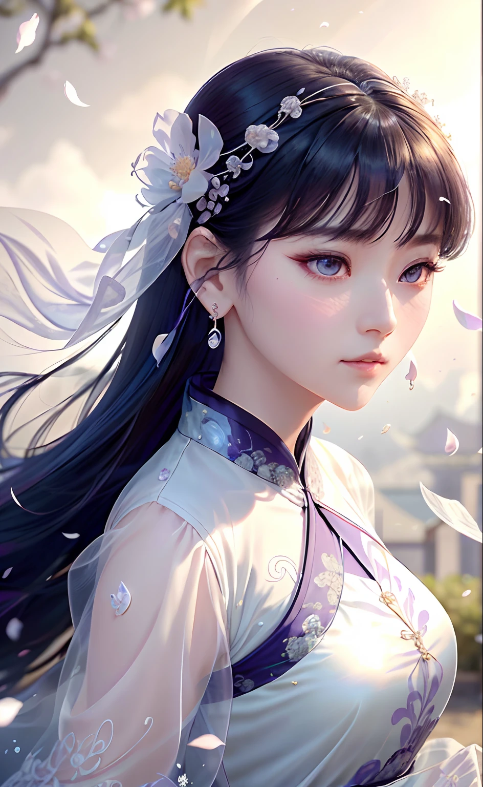 Gentle girl, purple eyes, black hair color, floating hair, delicate and flexible eyes, intricate damask hanfu, gorgeous accessories, wearing pearl earrings, FOV, f/1.8, masterpiece, ancient Chinese architecture, blue sky, flower petals flying, front portrait shot, Chang'e, side light, sunlight shining on people, 8K