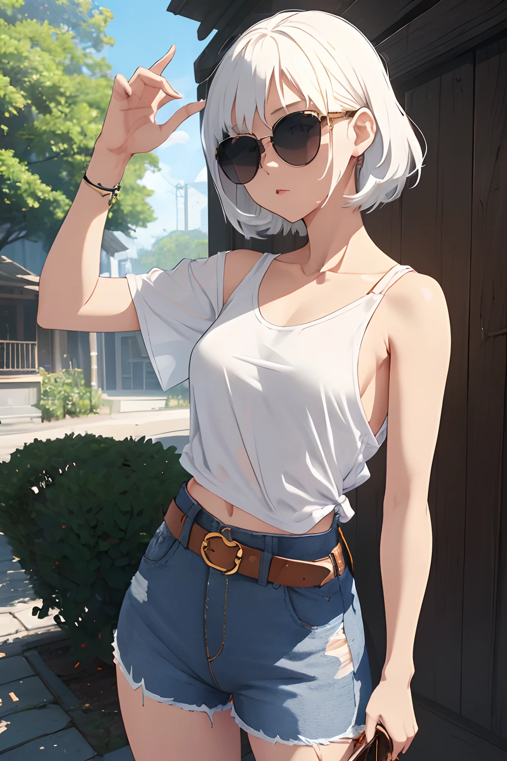 girl, white shirt, no sleeves, torn short jeans, outside, big sunglasses, looking back, leather belt, small breast