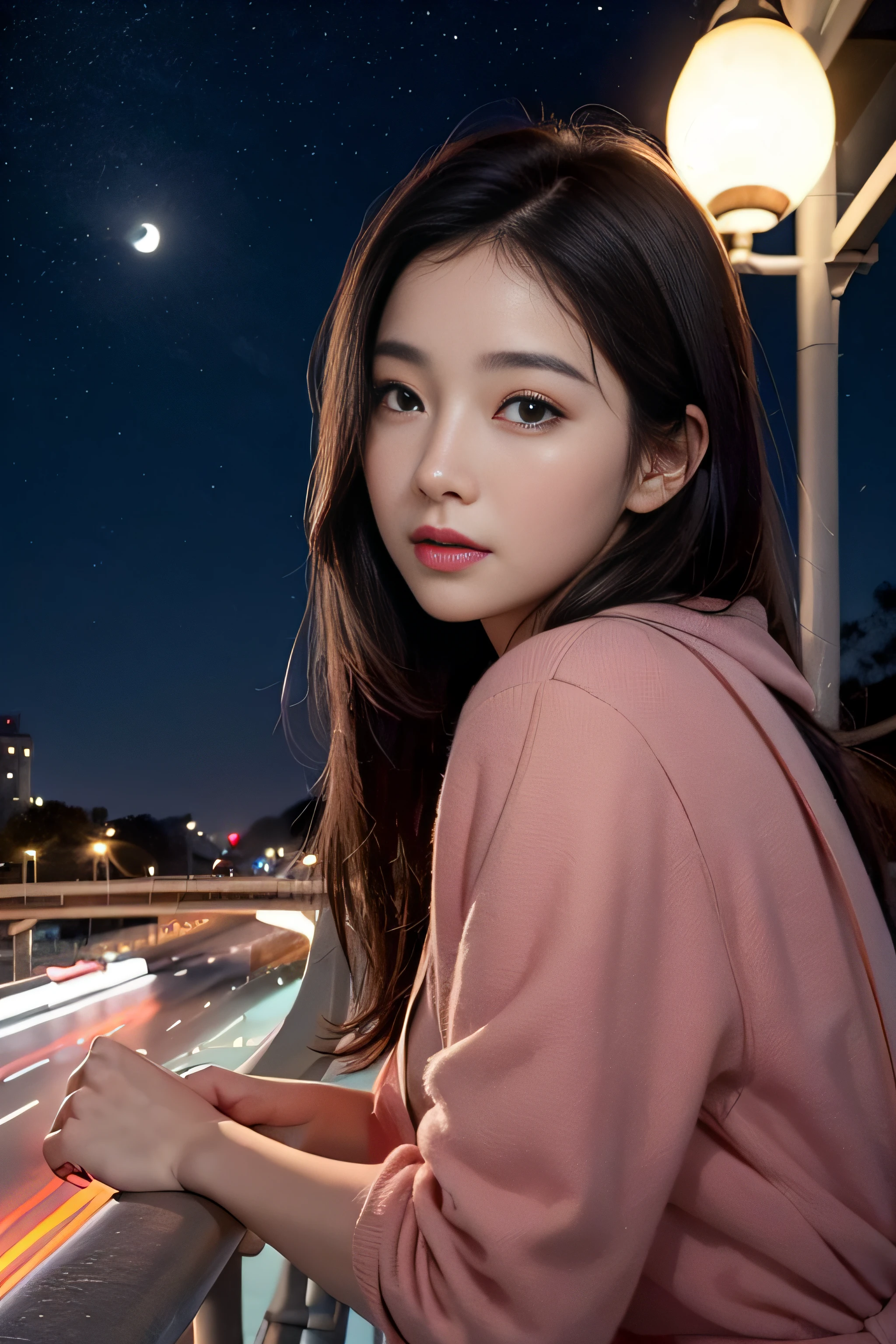 (1womanl:1.2)、(Super beautiful)、(beauitful face:1.5)、(Stand on a pedestrian bridge)、A line of cars was driving on the road under the pedestrian bridge、When stopping at a traffic light、Everyone turned red、Cold night breeze、A half-moon was floating right next to the building