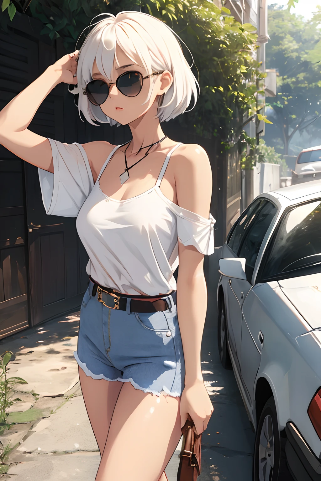 girl, white shirt, no sleeves, torn short jeans, outside, big sunglasses, looking back, leather belt, small breast