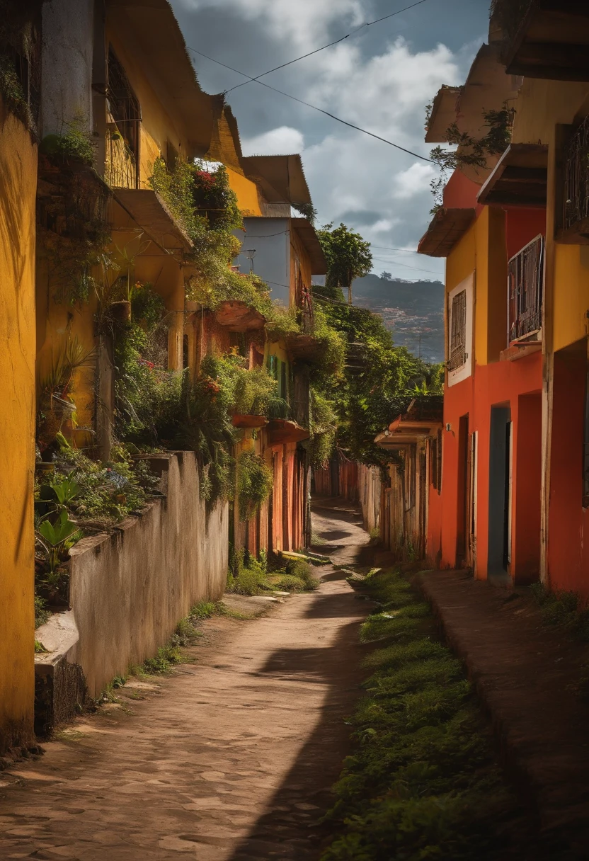 gere uma via em uma area favela, com ciclofaixas e estacionamentos, A space for running and landscape design