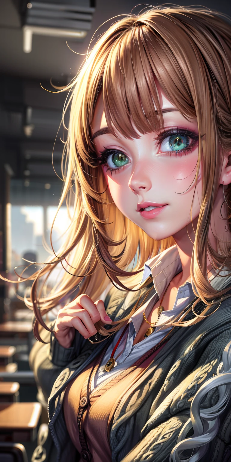 (((anime))), ((animated)), (GAL), medium hair, two-tone hair, blonde hair, (brown hair), round face, green eyed (drooping eyes), (((tareme))),Pink Lip,necklace,[black skin], light smile, ((((cute)))), beautiful, 1 girl, solo, (cardigan:1.4), [cleavage cutout],beautiful background,(school:1.5),evening,sunlight,backlighting,masterpiece,best quality,exquisite,8k,absurdres,super fine illustration,(looking at viewer)