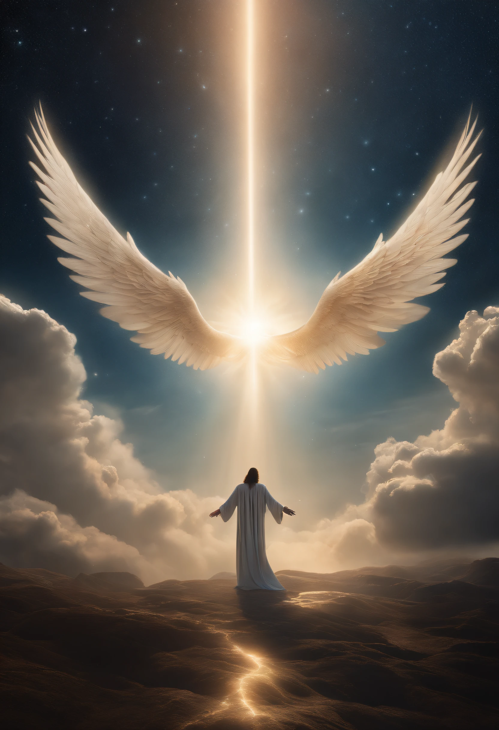 The image depicts a vast celestial scene, with a resplendent sky filled with countless stars and nebulae, representing the heavenly realm. In the foreground, there is a radiant, angelic figure surrounded by a soft, ethereal glow. The angel is depicted as a majestic being with outstretched wings, symbolizing their ability to traverse between the heavenly and earthly realms.