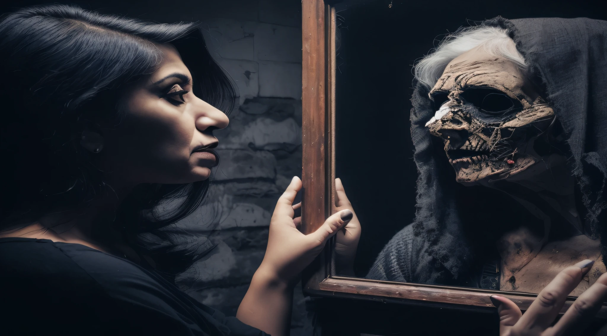 Bloody woman looking at a scary mask looking in a mirror, Retrato de um necromante feminino, Retrato do velho necromante, fotografia de terror, Retrato de um necromante sagrado, creepy gothic portrait, Retrato de um necromante, Olhando no espelho para o eu mais velho, retrato assustador, Olhando no espelho, fotografia de terror premiada
