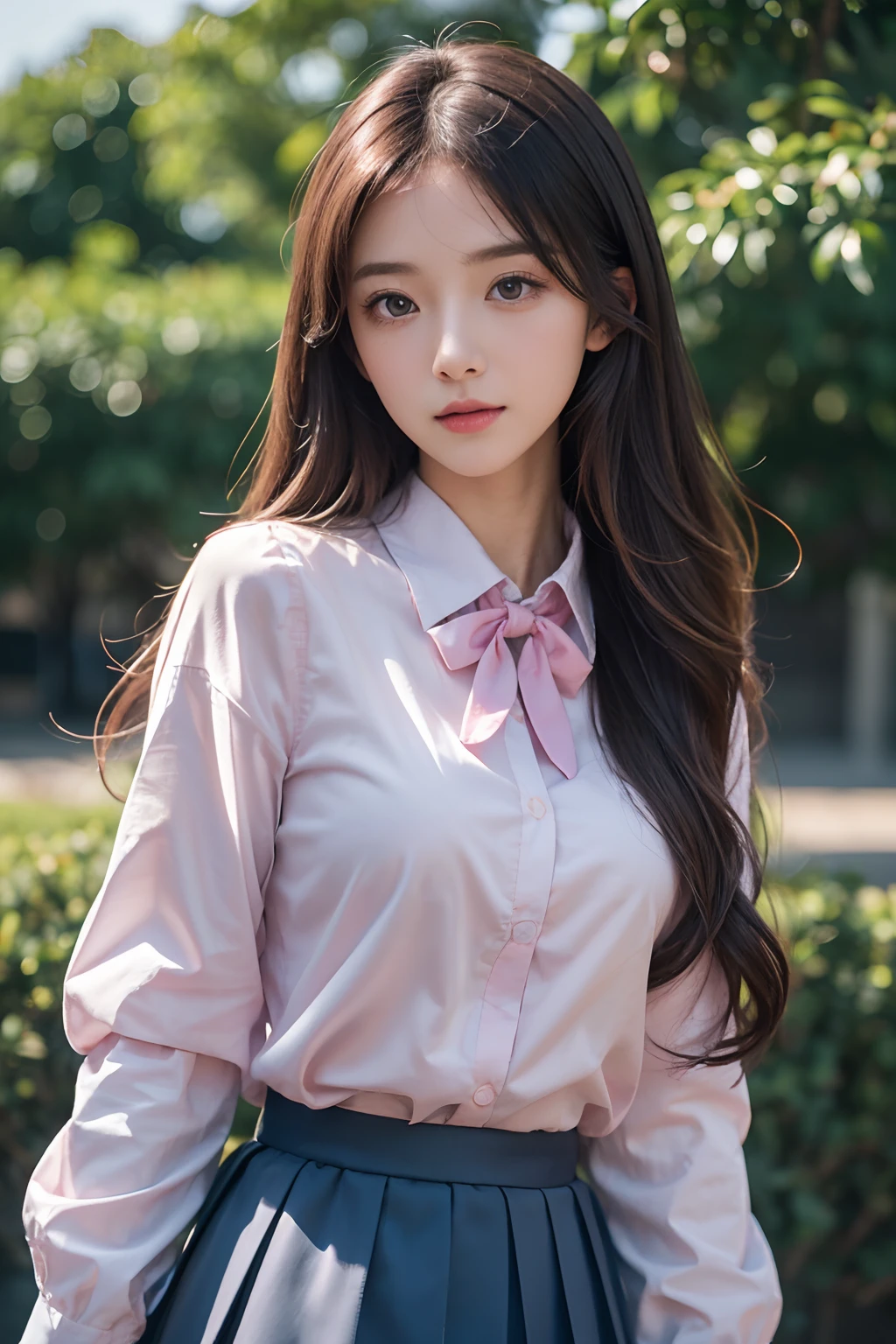 detailed background, masterpiece, best quality, 1 person , curly hair, long hair, purple eyes, star in eye , pink blouse, long skirt,pink, ,pink blouse , beautiful bow, detailed bow,