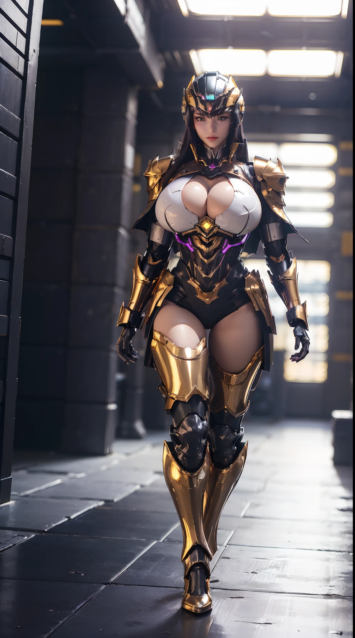 (1GIRL), (ssmile, red_libs, dark_hair), (phoenix mecha helmet:1.2), (BIG BUTTOCKS, HUGE BOOBS:1.4), (PHOENIX MECHA GUARD ARM, GLOVES:1.3), (purple,black,gold, MECHA CYBER SHINY ARMORED SUIT, ROYAL CAPE, CLEAVAGE, MECHA SKINTIGHT HOTPANTS, GUARD ARMOR LEGS, HIGH HEELS:1.4), (NSFW MUSCULAR BODY, SEXY LONG LEGS, FULL BODY:1.5), (MUSCLE ABS:1.2), (LOOKING AT VIEWER:1.2), (WALKING DOWN HALLWAY OF FUTURISTIC SPACE STATION, BRIGHT LIGHTING:1), PHYSICALLY-BASED RENDERING, ULTRA HIGHT DEFINITION, 16K, 1080P.