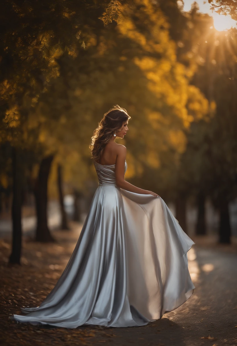 Mujer de cabello plateado en vestido, 1mujerl, solamente, Falda de sol, fotorrealista, realismo, realista, Humano