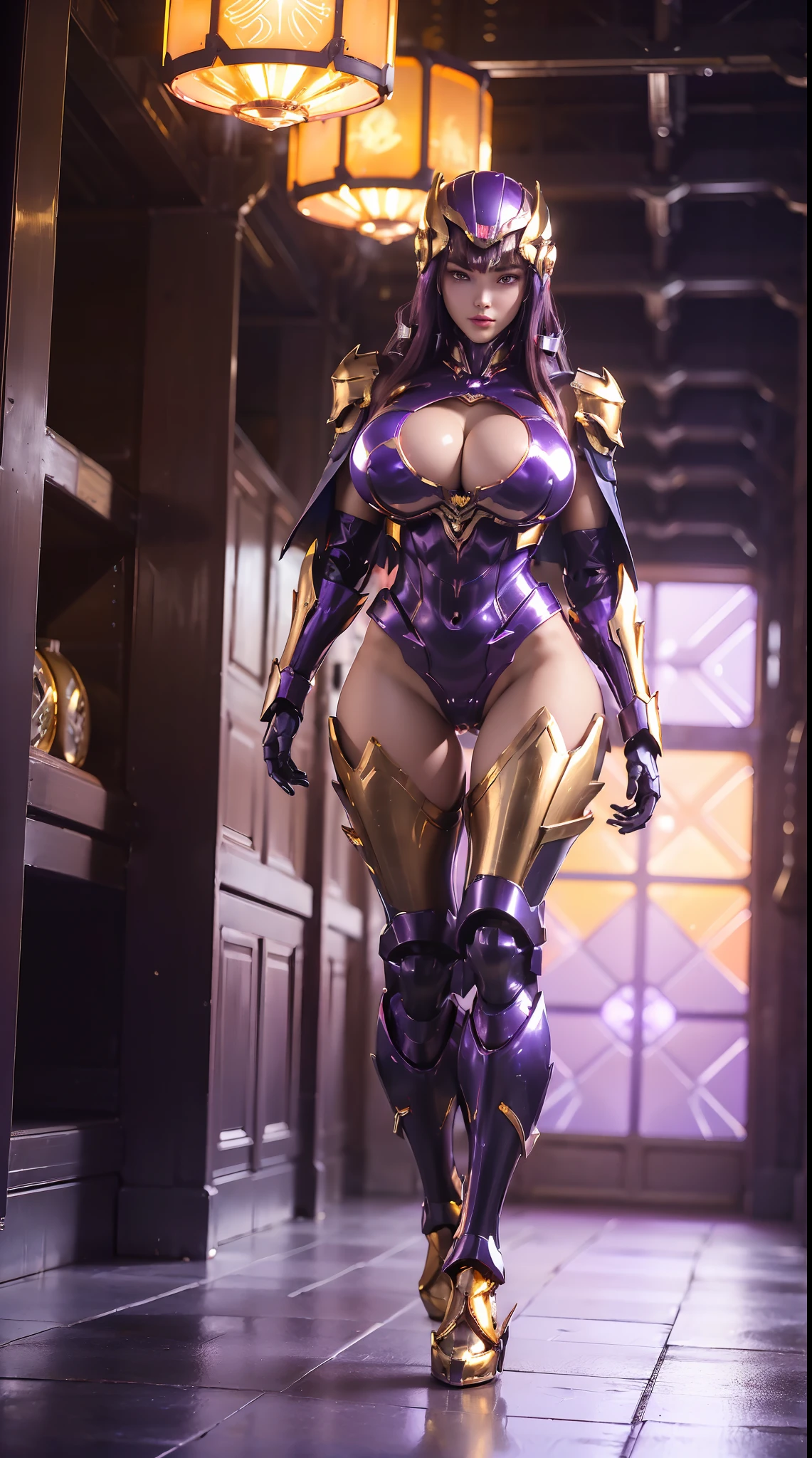(1GIRL), (ssmile, red_libs, dark_hair), (phoenix mecha helmet:1.2), (BIG BUTTOCKS, HUGE BOOBS:1.4), (PHOENIX MECHA GUARD ARM, GLOVES:1.3), (purple,black,gold, MECHA CYBER SHINY ARMORED SUIT, ROYAL CAPE, CLEAVAGE, MECHA SKINTIGHT HOTPANTS, GUARD ARMOR LEGS, HIGH HEELS:1.4), (NSFW MUSCULAR BODY, SEXY LONG LEGS, FULL BODY:1.5), (MUSCLE ABS:1.2), (LOOKING AT VIEWER:1.2), (WALKING DOWN HALLWAY OF FUTURISTIC SPACE STATION, BRIGHT LIGHTING:1), PHYSICALLY-BASED RENDERING, ULTRA HIGHT DEFINITION, 16K, 1080P.