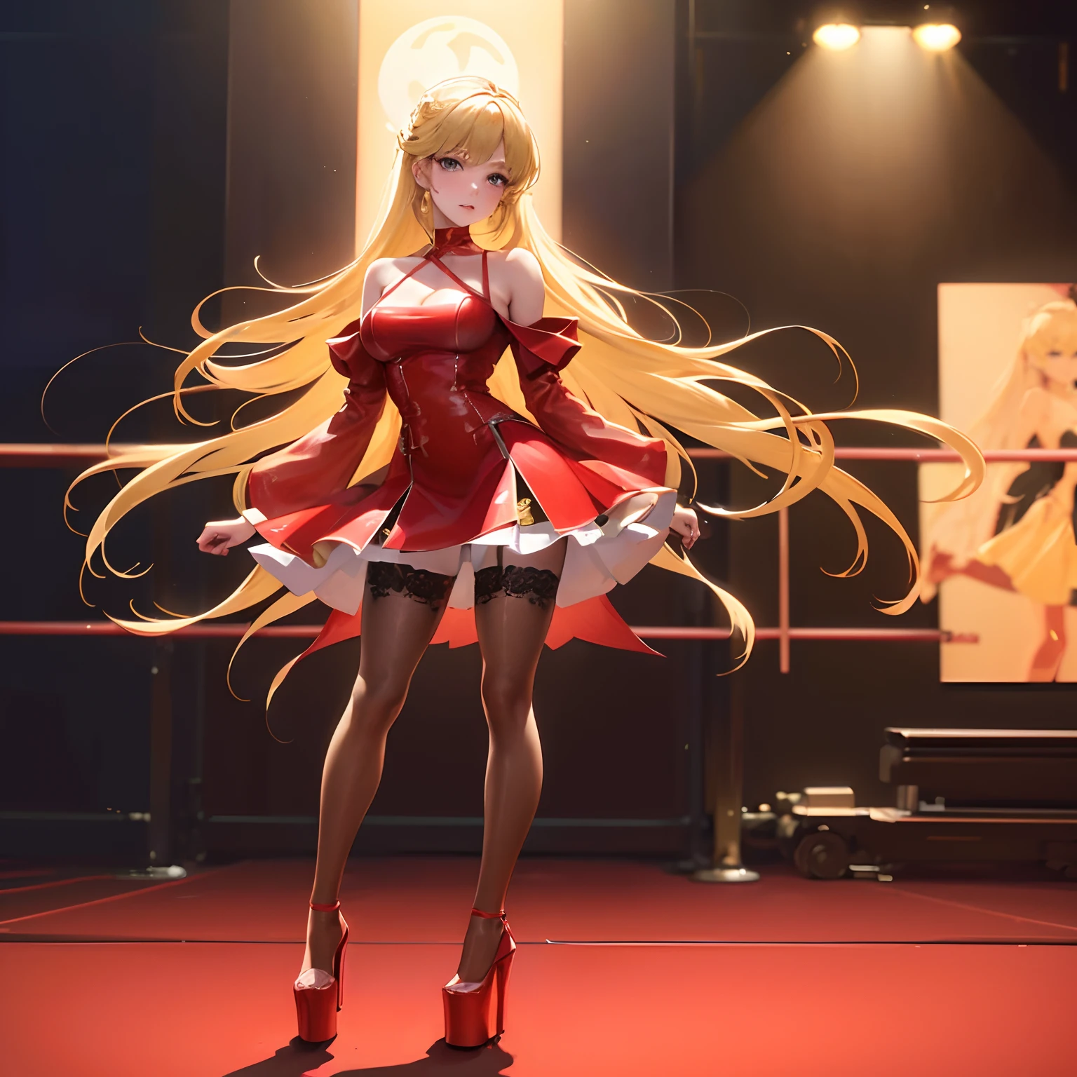 blonde hair woman wearing ankle strap platform high heels, while wearing pantyhose and short red tight dress, with big thighs and big bust, with small waist, super realistic and photo realistic, 85mm lens, full body, contrast with the light, (((extremely detailed))),((best quality)),((ultra detailed)),(an extremely delicate and beautiful),RAW photo,8k uhd,full body