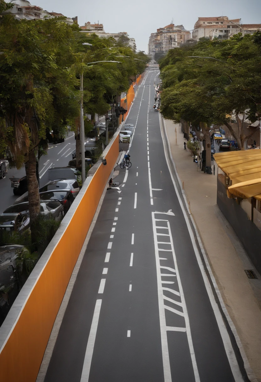 projeto de uma via com Ciclofaixa Central: on the outskirts with slum houses The centerpiece of the project is the 8-meter-wide central bike lane. This bike lane is specially designed to accommodate cyclists, providing a safe and defined space for riding. Ground markings and clear signage will ensure the safety and fluidity of bicycle traffic. Ciclovias Laterais: To the left and right of the center bike lane, There are the side bike lanes, cada uma com 3 metros de largura. These bike lanes are designed to accommodate cyclists who want to maintain different paces than the center bike lane. The inclusion of side bike lanes offers flexibility to cyclists and increases safety. Landscaped Sidewalks: Four meters of sidewalk on both sides of the road provide a welcoming environment for pedestrians. These sidewalks aren't just functional, but also include areas for landscaping, bancos, Light poles and trees, Creating Pleasant Outdoor Spaces for Walks, encontros e relaxamento. Faixas de Estacionamento: To meet parking needs, We've added parking lanes about 2 meters wide between the side bike lanes and the sidewalks. This ensures that there is convenient space for vehicles to park. Traffic Lanes for Vehicles: Traffic lanes for vehicles with 3,5 meters wide are positioned on the sides of the track, entre as faixas de estacionamento e as ciclovias. This allows for the efficient flow of vehicular traffic, Maintaining security and fluidity. um corrego corre do lado