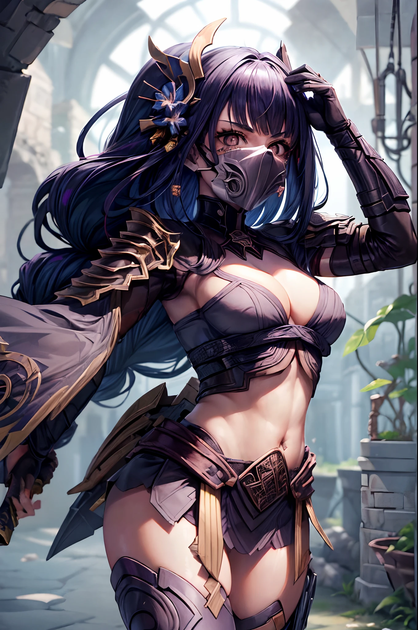 obra-prima, melhor qualidade, (cabelo longo), (Mulher vestindo armadura completa do Depredador do filme), corpo completo detalhado, (olhos detalhados), (She's using too much time, Sharp blades of your hand like a predator), (She wears a full mask of Predator Bio-mask that is covering her face), qualidade 16k, Kinematic, sombras no corpo, (ruins), Full scenario, (pose de batalha dinamica), todo anatomicamente correto e detalhado, (Ela usa uma mascara do Depredador completa e detalhada)