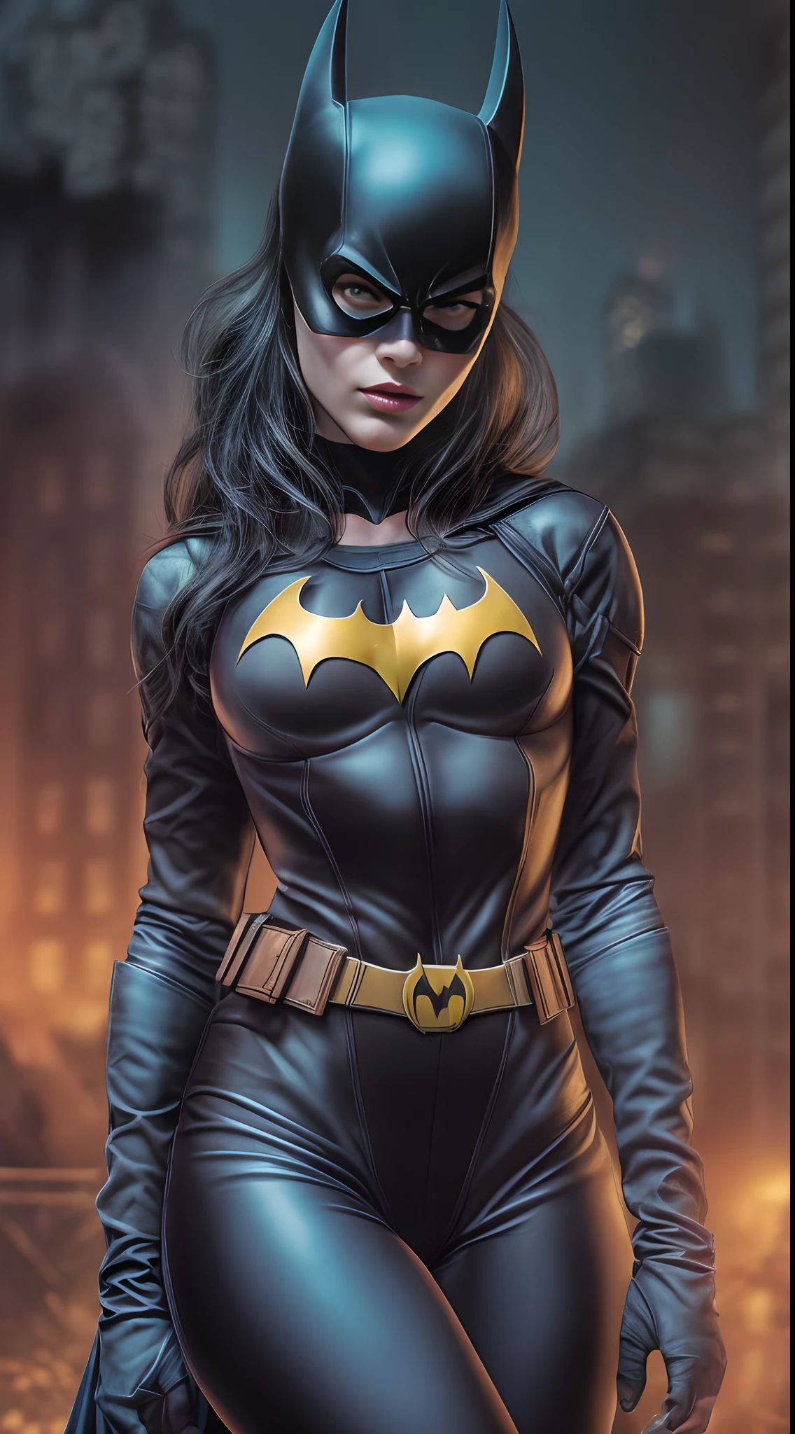 Batgirl DC Comics vestindo um uniforme apertado com uma capa preta em um beco escuro e sinistro sob uma luz de rua fraca, (Sensual pose with hands on waist), (Noite chuvosa com nevoeiro), Batgirl, Bodysuit, corpo tonificado, quadris largos, Allan Moreira, DC Quadrinhos, gothic scenario, Cidade de Gottam. Batgirl is awe-inspiring in an abandoned haunted lost city. fora, highlights your muscles and scars. The scenery is lush and mysterious, com cidade escura e arredores. The camera details everything. ((COSPLAY COMPLETO DE BATGIRL DA DC COMICS)).