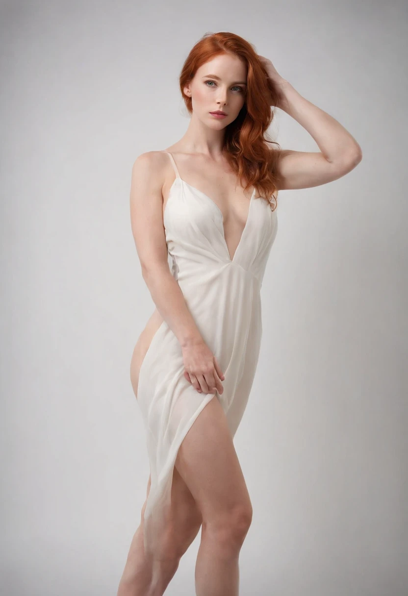NSFW - Full-length, full-body NUDE photograph in studio of young redheaded model. She's posing for a sculpture, fully nude. Dramatic studio lighting from the sides accentuates her slender athletic but feminine physique. Photo is made on plain white background.