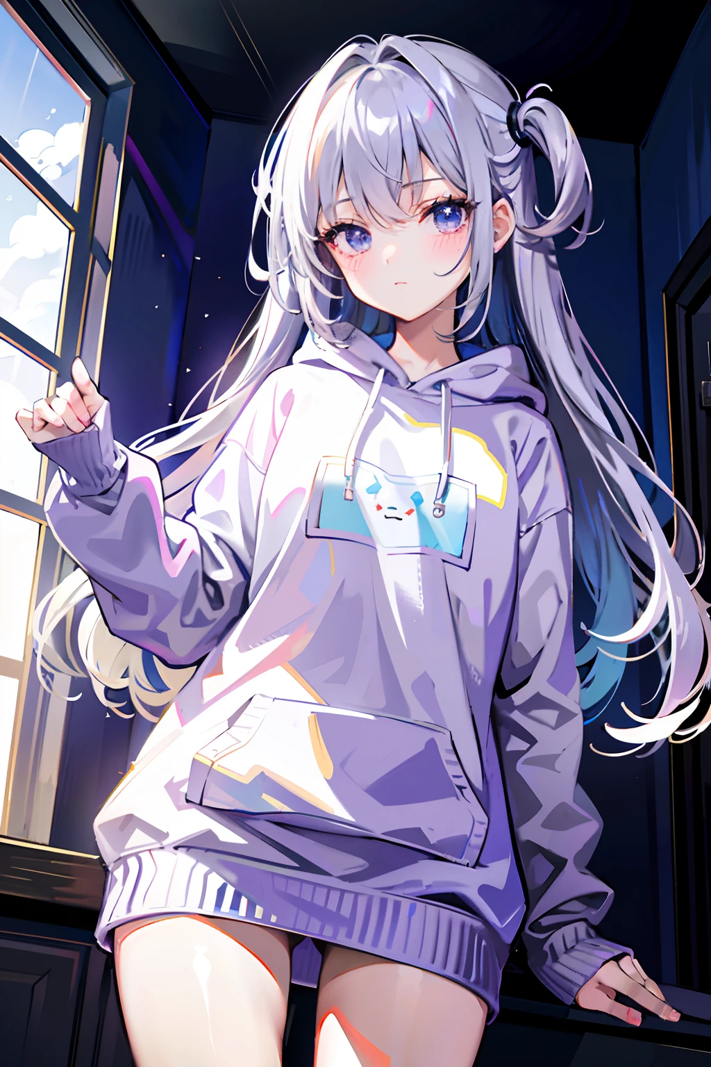(tmasterpiece,top Quority,best qualtiy),pix,pixelart,1girll,full bodyesbian,purple
and a white sweatshirt,Gray hair。