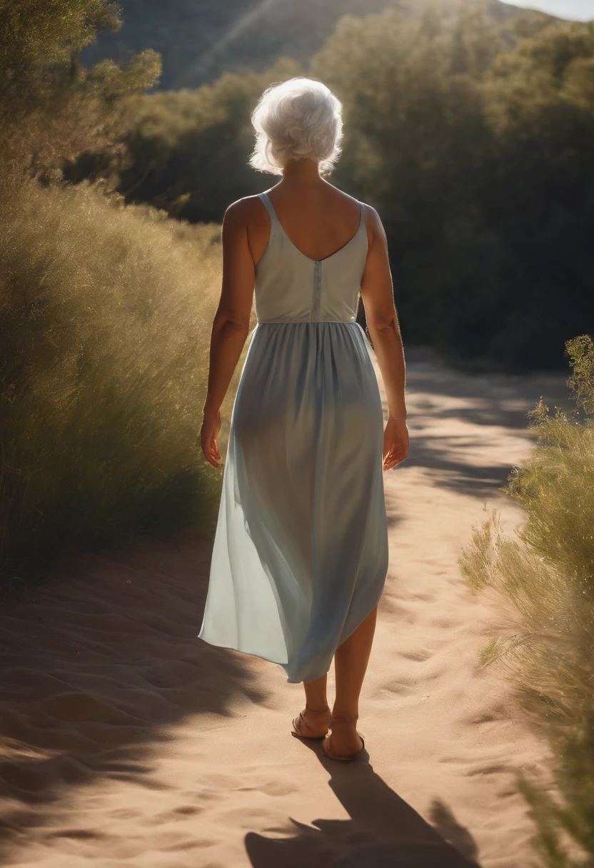 A woman with silver hair in a dress, 1woman, alone, Sunlit, Sunny skirt, photorealistic, realism, realistic, Human