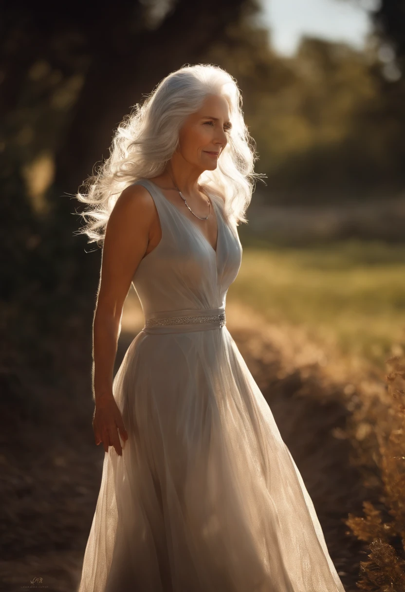A woman with silver hair in a dress, 1woman, alone, Sunlit, Sunny skirt, photorealistic, realism, realistic, Human
