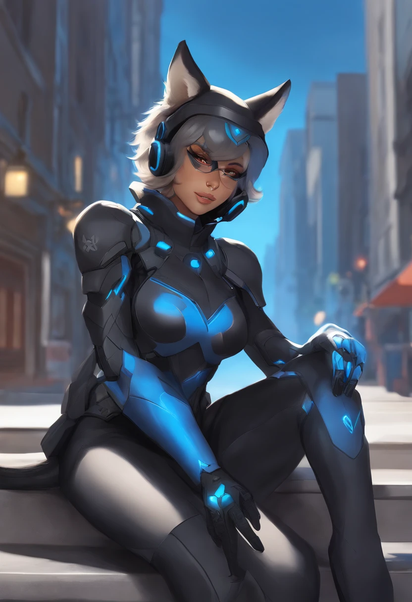 anime character dressed in black and blue sitting on a street, echo from overwatch, anthro art, from overwatch, as an overwatch character, this character has cryokinesis, modern concept art, furry character, cyber suit, nfw version, wolf armor, kemono, kitsune inspired armor, female anthropomorphic wolf, varia suit, female fursona, masturbating