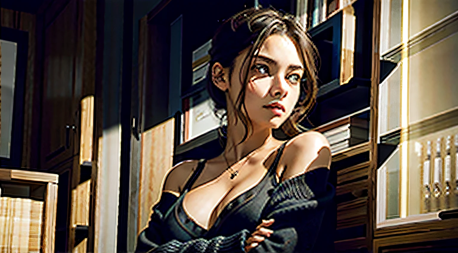 A YOUNG WOMAN WITH HER ARMS CROSSED AND LOOKING COURAGEOUS AND INSPIRING ((masterpiece)), ((best quality))), ((ultra-detailed)), UHD, 8K, ((high resolution))), ((illustration)), ((realistic)),