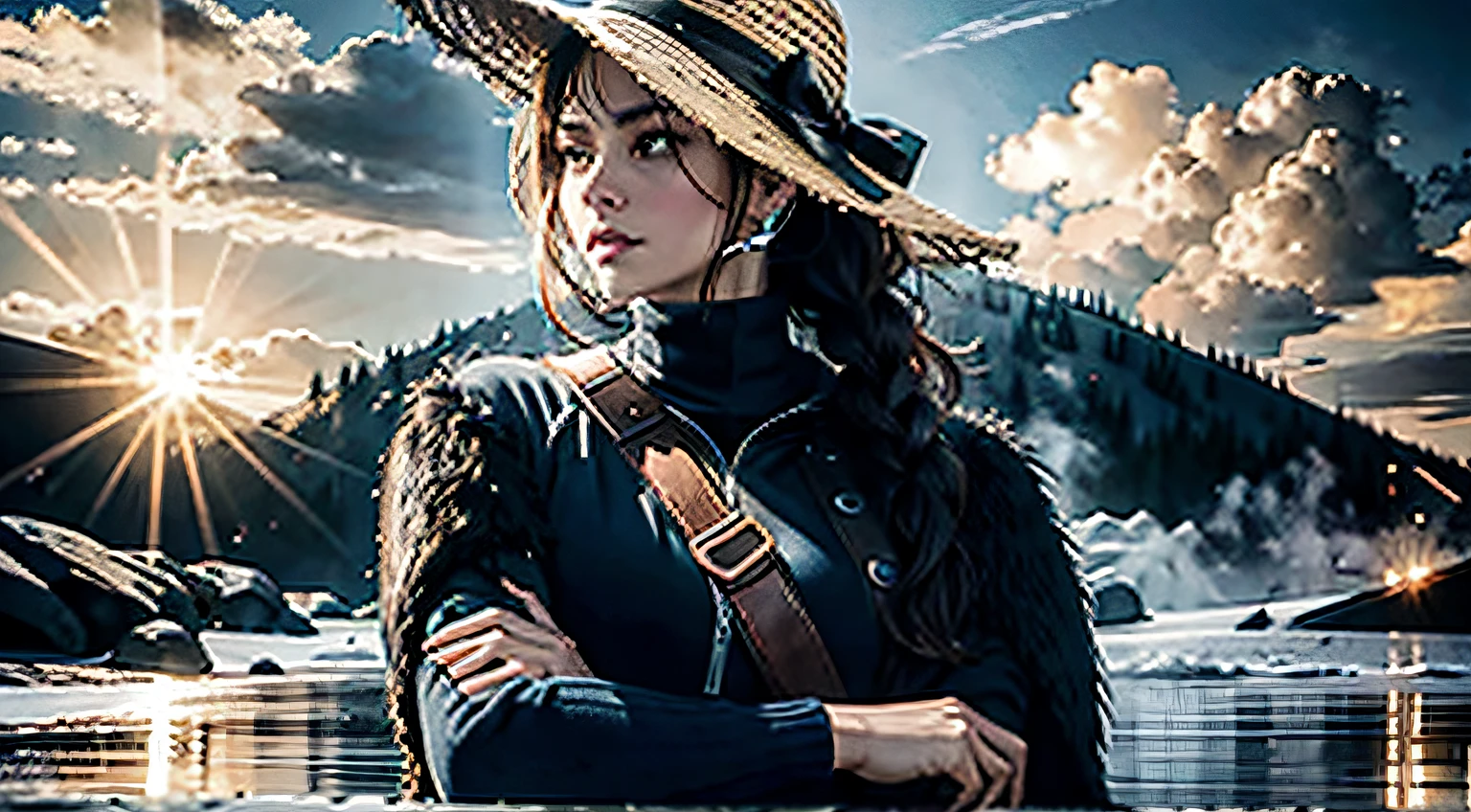 A YOUNG WOMAN WITH HER ARMS CROSSED AND LOOKING COURAGEOUS AND INSPIRING  ((masterpiece)), ((best quality))), ((ultra-detailed)), UHD, 8K, ((high resolution))), ((illustration)), ((realistic)),