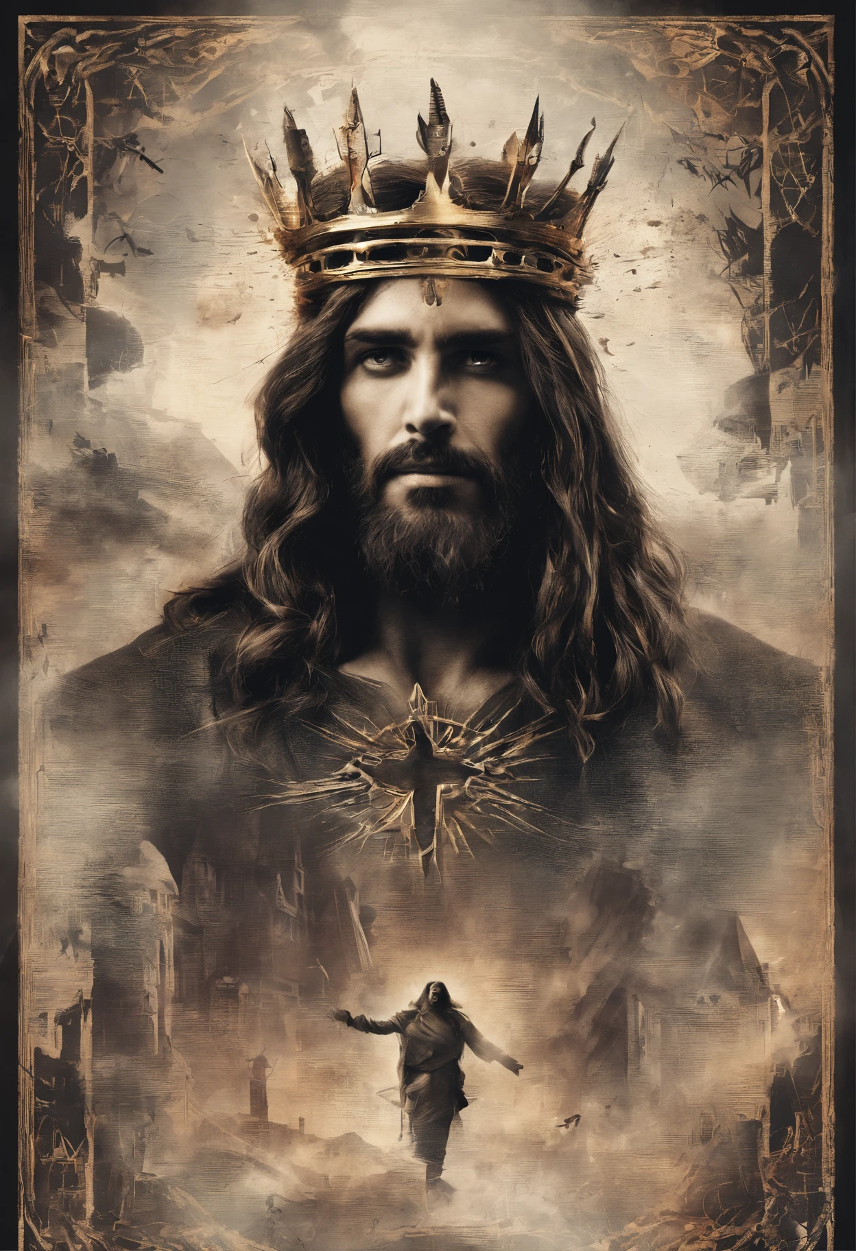(melhor qualidade,alta resolução,ultra-detalhado),(Realistic,fotorrealista:1.37),(artistas conceituais, Retratos),(Pincelada ousada e expressiva),homem,Jesus Cristo,sorridente,crown of thorns on the head,cores vibrantes,Elementos surreais