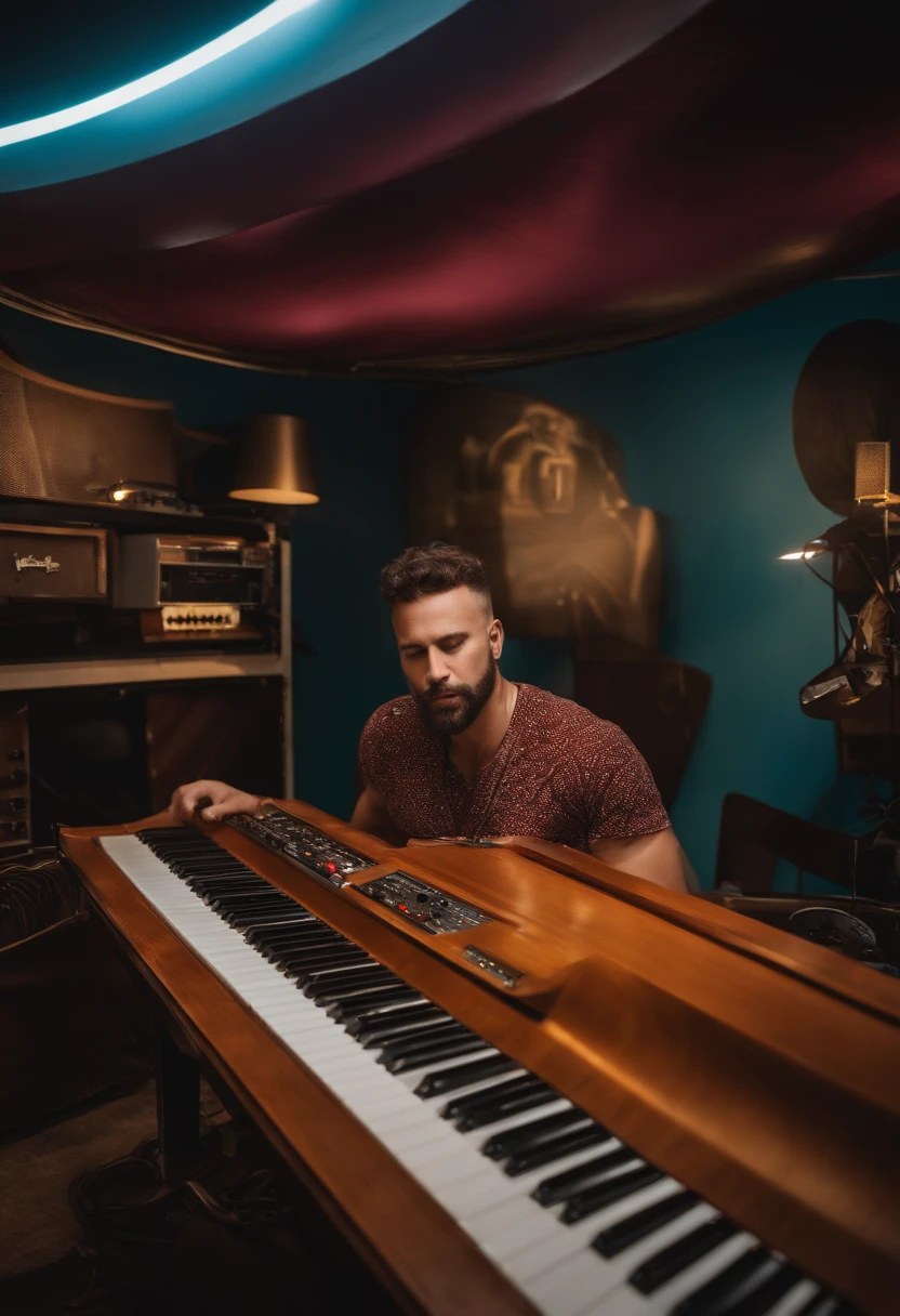 homem no planeta marte dentro de um studio gravando musica