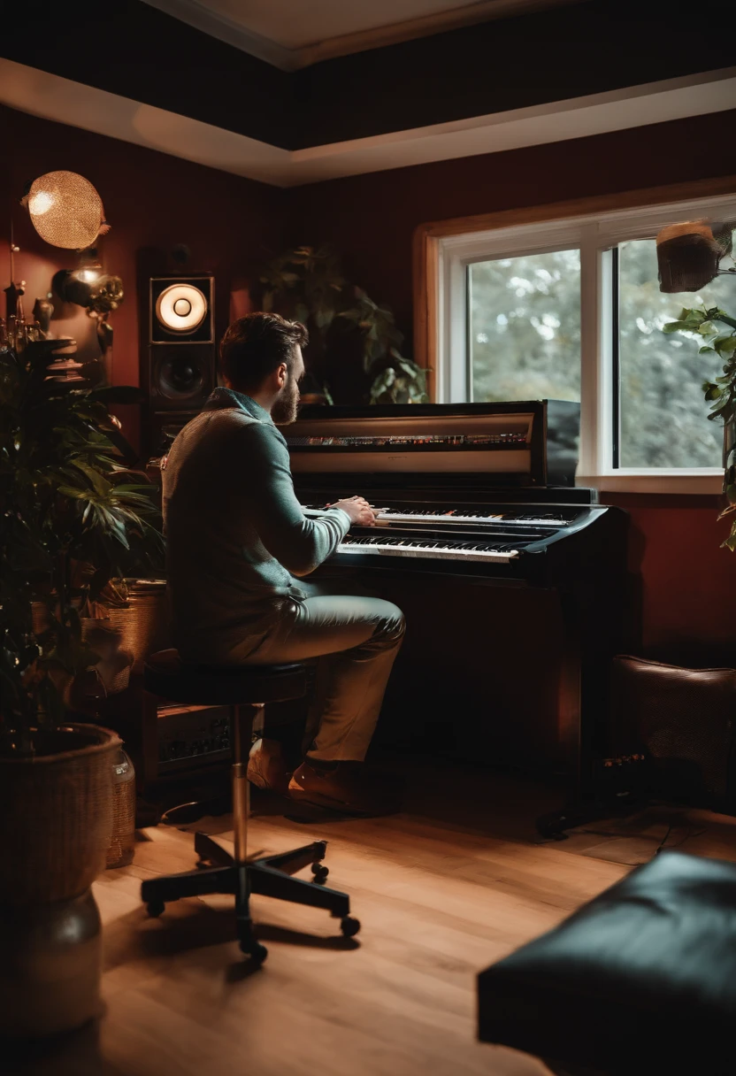 homem no planeta marte dentro de um studio gravando musica