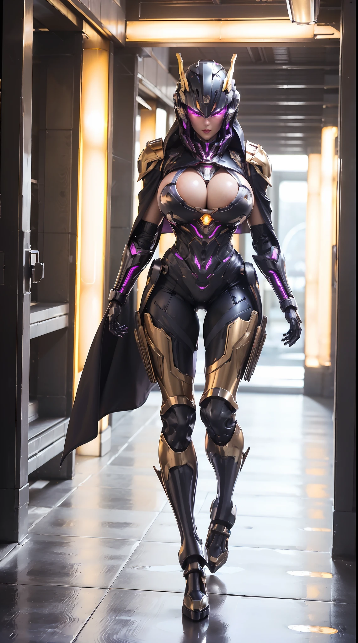 (1GIRL), (ssmile, red_libs, dark_hair), (phoenix mecha helmet:1.2), (BIG BUTTOCKS, HUGE BOOBS:1.4), (PHOENIX MECHA GUARD ARM, GLOVES:1.3), (purple,black,gold, MECHA CYBER SHINY ARMORED SUIT, ROYAL CAPE, CLEAVAGE, MECHA SKINTIGHT HOTPANTS, GUARD ARMOR LEGS, HIGH HEELS:1.4), (NSFW MUSCULAR BODY, SEXY LONG LEGS, FULL BODY:1.5), (MUSCLE ABS:1.2), (LOOKING AT VIEWER:1.2), (WALKING DOWN HALLWAY OF FUTURISTIC SPACE STATION, BRIGHT LIGHTING:1), PHYSICALLY-BASED RENDERING, ULTRA HIGHT DEFINITION, 16K, 1080P.