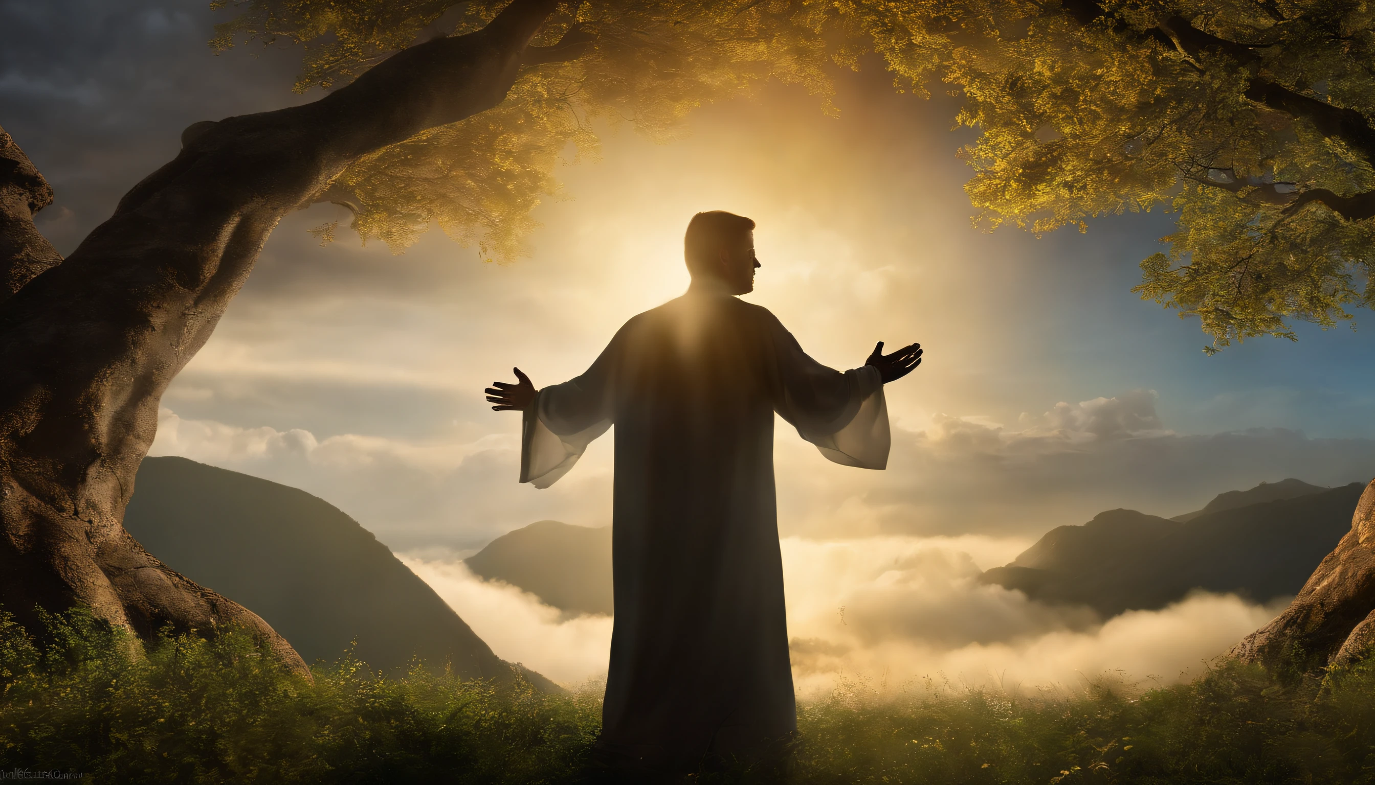 (melhor qualidade, Altas:1.2, ultra-detalhado, Realistic:1.37), Divine Light Shining in the Sky, ethereal and radiant, the hand of God emerging from the clouds, Silhouette of a man praying with his hands reaching to the heavens, de joelhos em um belo jardim repleto de flores vibrantes, sunlight filtering through the branches, iluminando a cena, criando uma atmosfera serena, A tranquil oasis bathed in a soft glow, petals dancing in the wind, infundido com cores vibrantes, a vision that invokes a sense of wonder and inspires deep contemplation.