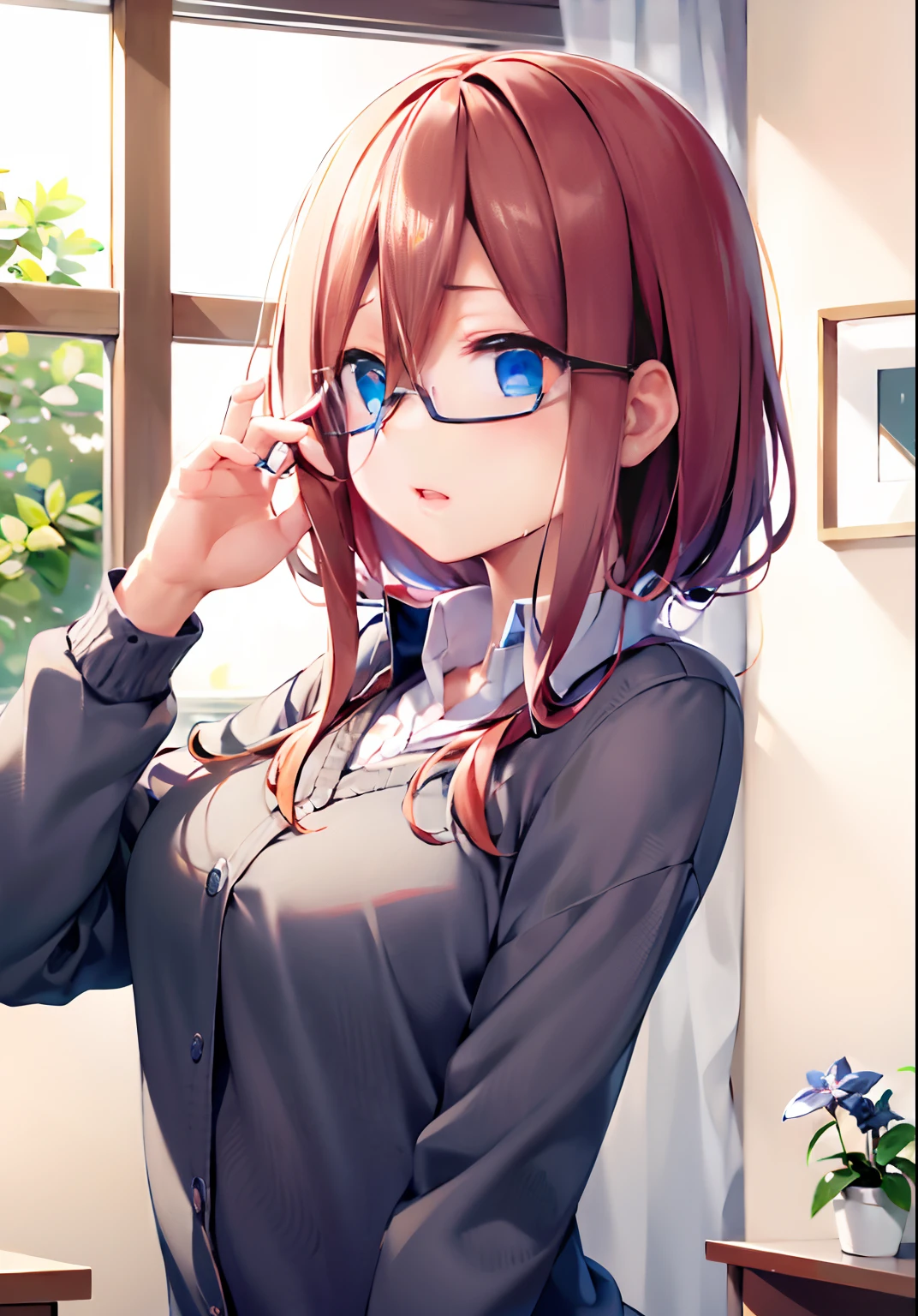 top-quality、eye glass（1:6）、Full-length images of the highest quality、Highly detailed anime super detail、​masterpiece、tre anatomically correct、Detailed hand、（eye glass:1.6)、8K、I love my tides、Upper line、High School Uniform、Sweat profusely、Kiss Face、Moisturizing skin、(eye glass:1.3)、Detail Eye、NSFW、Lustrous hair、、Frontal view、