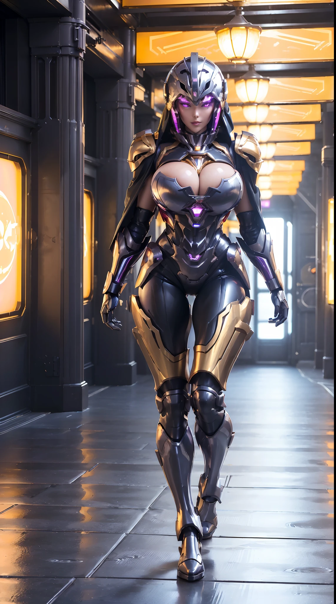 (1GIRL), (ssmile, red_libs, dark_hair), (phoenix mecha helmet:1.2), (BIG BUTTOCKS, HUGE BOOBS:1.4), (PHOENIX MECHA GUARD ARM, GLOVES:1.3), (purple,black,gold, MECHA CYBER SHINY ARMORED SUIT, ROYAL CAPE, CLEAVAGE, MECHA SKINTIGHT HOTPANTS, GUARD ARMOR LEGS, HIGH HEELS:1.4), (NSFW MUSCULAR BODY, SEXY LONG LEGS, FULL BODY:1.5), (MUSCLE ABS:1.2), (LOOKING AT VIEWER:1.2), (WALKING DOWN HALLWAY OF FUTURISTIC SPACE STATION, BRIGHT LIGHTING:1), PHYSICALLY-BASED RENDERING, ULTRA HIGHT DEFINITION, 16K, 1080P.