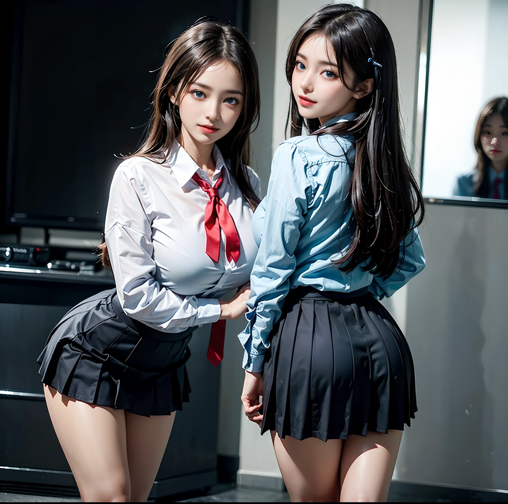 top-quality, ​masterpiece, (Professional lighting without shadows), A hyper-realistic, Bewitching, perfect anatomia, Two girls, (Girl proudly standing in front of camera shows off high school girl uniform ribbon ties, Another girl on the other side, Bend over and stick your butt out towards the camera), ( Huge breasts:1.2), (Bright and even whitening skin without wrinkles and steps), (Bright beautiful blue eyes with long black eyelashes and red tear bags reflected light:1.5)、 (Braided half-up hair with bangs:1.2), (Her outfit is、Dress up cramped schoolgirl uniform accurately:1.3), (Proudly showing off a crimson ribbon tie from the front:1.2), (Another girl on the other side、To beautifully emphasize the proud ultra mini pleated skirt、Showing off a pose with the buttocks exposed from directly behind:1.3), (Beautiful face squinting in dazzling light:1.4), ssmile, ishiharasatomi, irene1, zydG