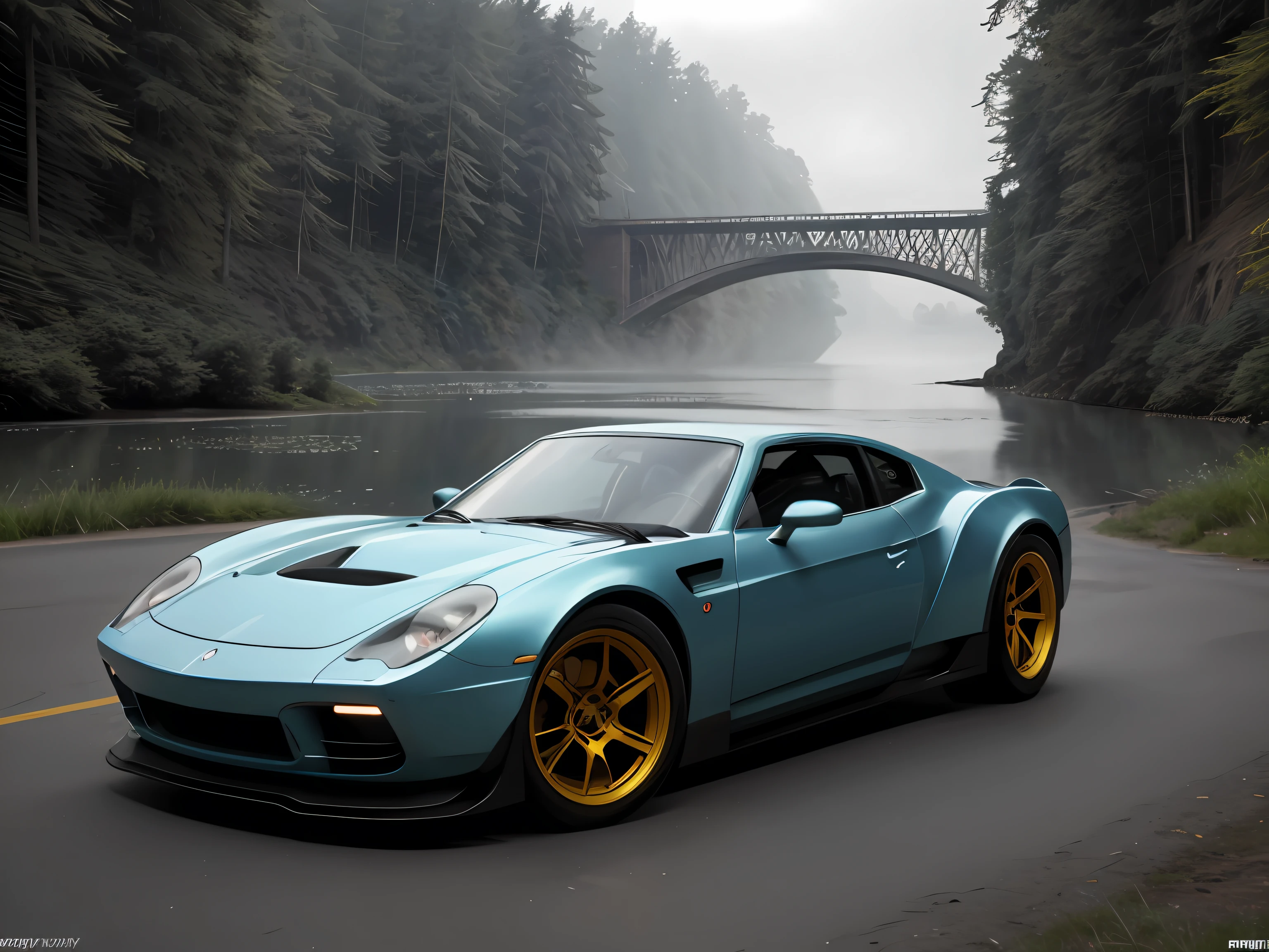 A blue sports car driving down a road next to a river - SeaArt AI