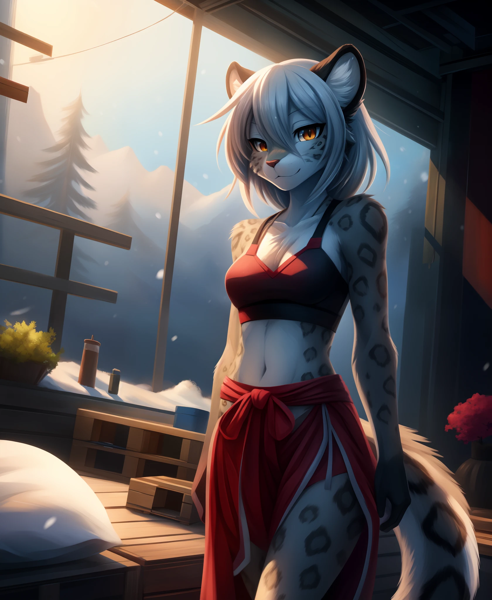 Stylized anime artwork, a female snow_leopard furry, olo, skinny, digital painting, pallet knife, photoshop acrylic painting, anime studio, color graded, subsurface scattering, HDR, cinematic lighting, masterpiece, best quality, detailed, absurd res, bloom, bedroom