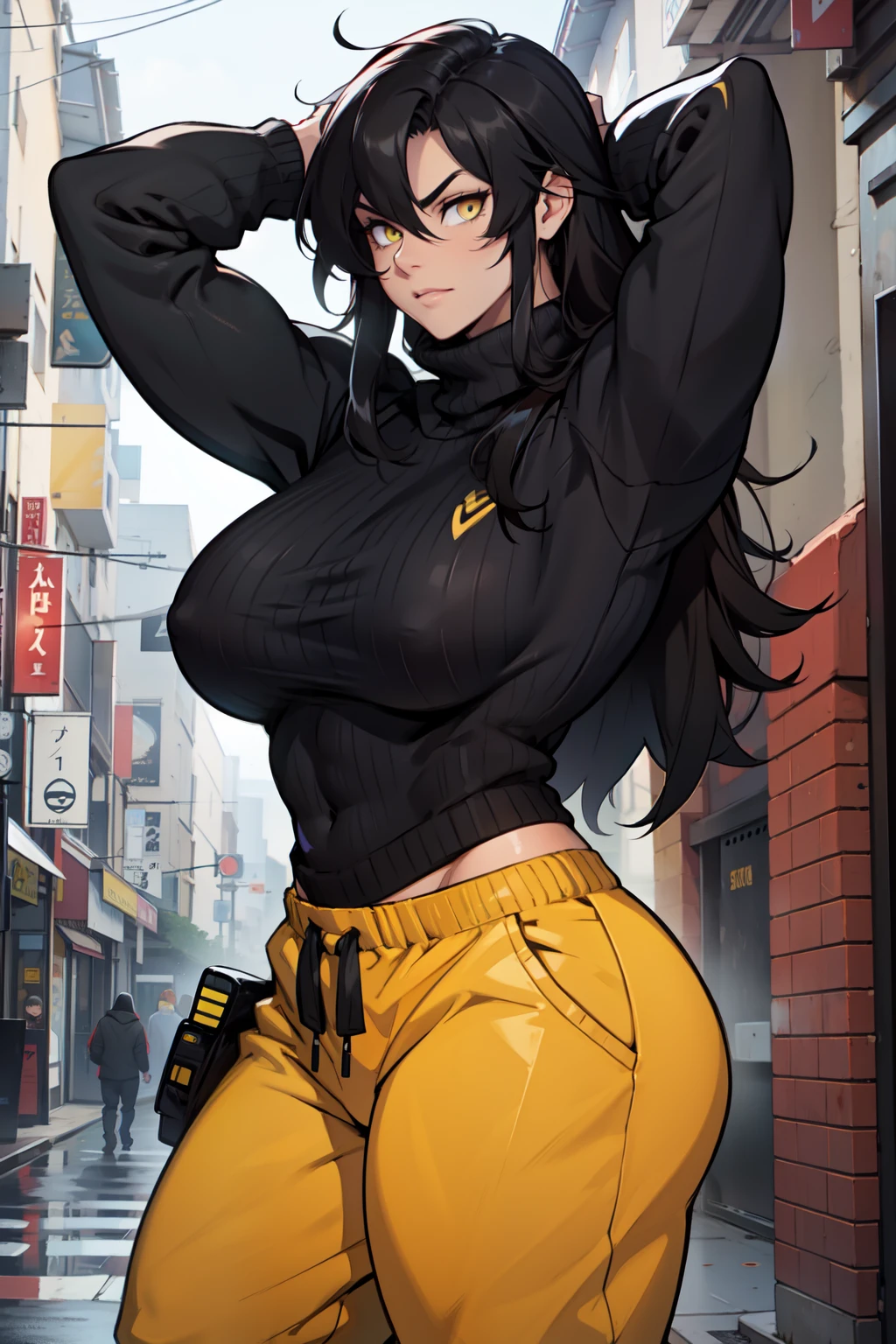 muscular thick thighs huge breasts black hair yellow eyes long hair turtle neck sweater sweatpants