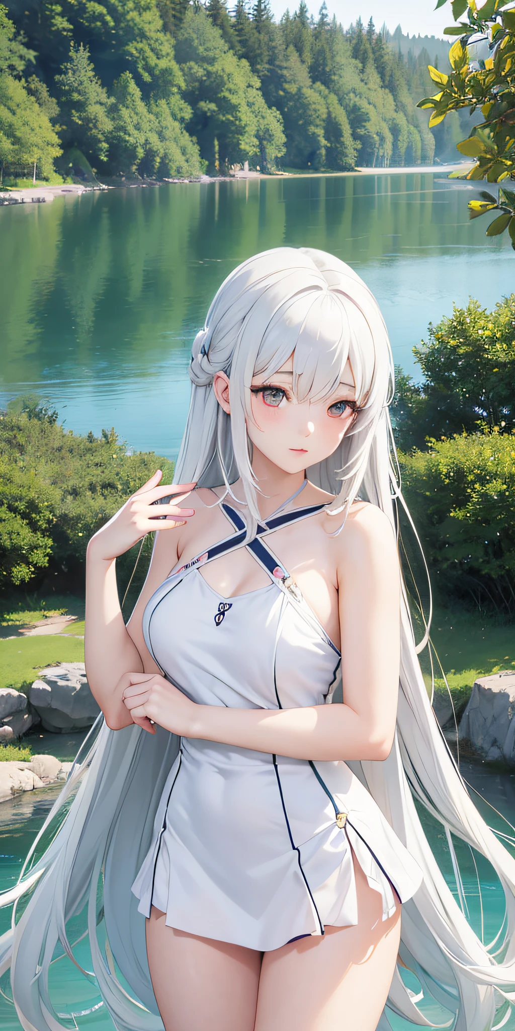 naked anime girl posing in front of a lake, seductive anime girl, beautiful alluring anime woman, beautiful alluring anime , beautiful anime woman, detailed digital anime art, beautiful anime girl, perfect white haired girl, grey eyes, smooth anime cg art, anime goddess, photorealistic anime girl render, extremely detailed artgerm, white haired deity