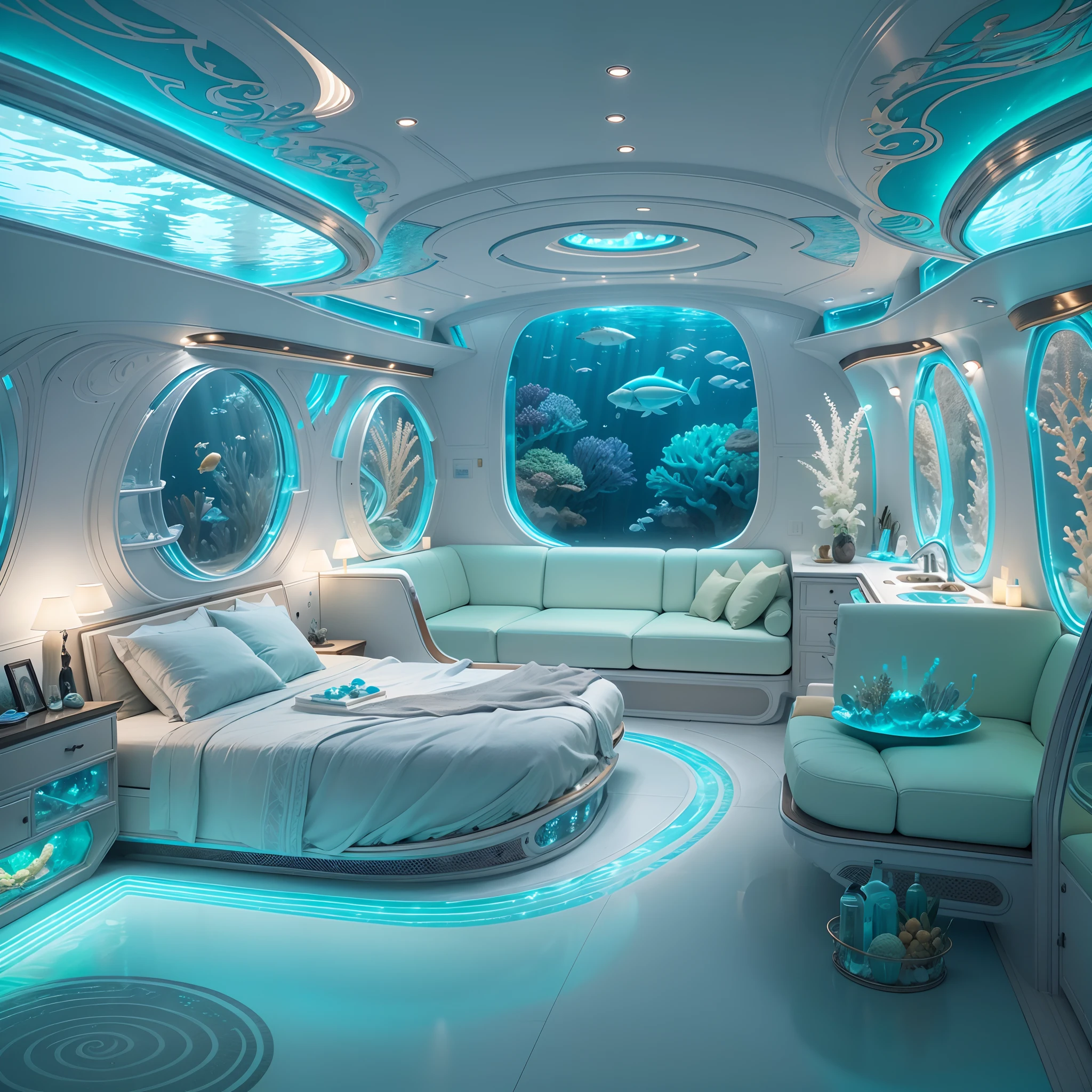 (a futuristic underwater luxury caravan) with sleek design, transparent walls, and spacious interiors, [hi-tech minimalism] for a modern touch. The caravan is equipped with state-of-the-art features like [chromotherapy lighting] that illuminates the entire space with vibrant colors, [an AI-powered entertainment system] for immersive experiences, and [advanced underwater navigation technology] for seamless exploration. The caravan includes [a deluxe bedroom], [a gourmet kitchen] with top-of-the-line appliances, [a luxurious bathroom] with a built-in spa, and [a panoramic lounge area] with breathtaking views of the marine life. The exterior of the caravan boasts [a hydrodynamic structure], [large viewing windows] showcasing the underwater scenery, and [wings inspired by marine creatures] for effortless maneuverability. The color palette of the caravan exudes [deep ocean blues], [iridescent pearl whites], and [sparkling metallic accents]. The lighting in the caravan creates a tranquil ambiance with [soft underwater glow], and [subtle bioluminescent highlights]. The artwork and decorations inside the caravan reflect a blend of [contemporary minimalism] and [subaquatic aesthetics], with [sculptures inspired by coral reefs], [paintings depicting marine life], and [organic-shaped furniture] reminiscent of underwater flora. The overall atmosphere is enhanced by [subtle aquatic aromas] and [a gentle sound of ocean waves]. The underwater luxury caravan allows its occupants to indulge in an unparalleled experience of comfort, elegance, and connection with the mesmerizing underwater world.