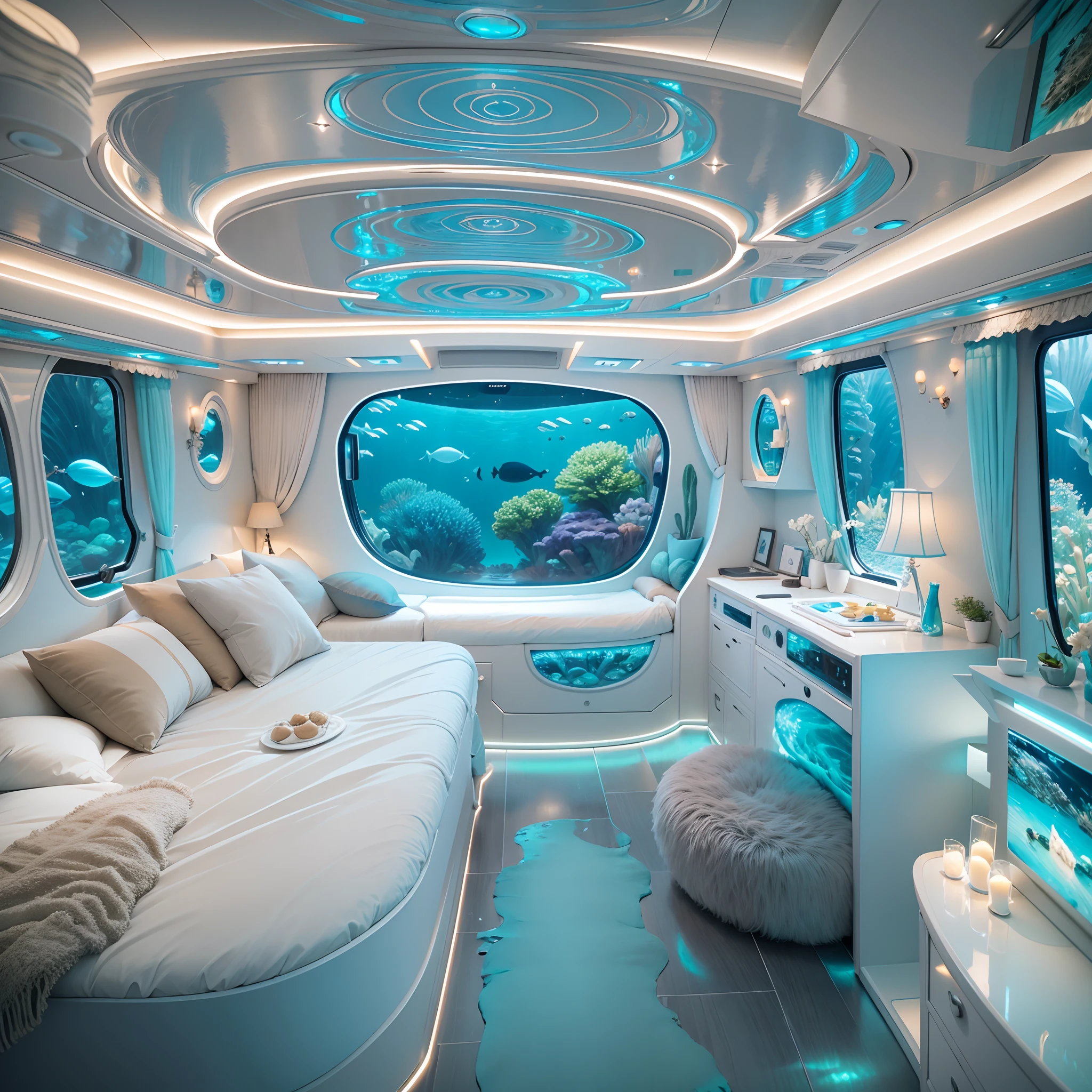 (a futuristic underwater luxury caravan) with sleek design, transparent walls, and spacious interiors, [hi-tech minimalism] for a modern touch. The caravan is equipped with state-of-the-art features like [chromotherapy lighting] that illuminates the entire space with vibrant colors, [an AI-powered entertainment system] for immersive experiences, and [advanced underwater navigation technology] for seamless exploration. The caravan includes [a deluxe bedroom], [a gourmet kitchen] with top-of-the-line appliances, [a luxurious bathroom] with a built-in spa, and [a panoramic lounge area] with breathtaking views of the marine life. The exterior of the caravan boasts [a hydrodynamic structure], [large viewing windows] showcasing the underwater scenery, and [wings inspired by marine creatures] for effortless maneuverability. The color palette of the caravan exudes [deep ocean blues], [iridescent pearl whites], and [sparkling metallic accents]. The lighting in the caravan creates a tranquil ambiance with [soft underwater glow], and [subtle bioluminescent highlights]. The artwork and decorations inside the caravan reflect a blend of [contemporary minimalism] and [subaquatic aesthetics], with [sculptures inspired by coral reefs], [paintings depicting marine life], and [organic-shaped furniture] reminiscent of underwater flora. The overall atmosphere is enhanced by [subtle aquatic aromas] and [a gentle sound of ocean waves]. The underwater luxury caravan allows its occupants to indulge in an unparalleled experience of comfort, elegance, and connection with the mesmerizing underwater world.