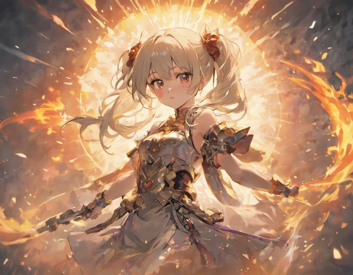 Ins style, Harajuku style, a beautiful age girl, long light gray hair, a ponytail behind her hair and two falls in front of her face, she is wearing silver medieval armor on top of a flat dress that reaches her knees, she is carrying a bow white in flames, a beautiful magical background. forest, red eyes, her full body is frontal, posing for a frontal photo, character in front.