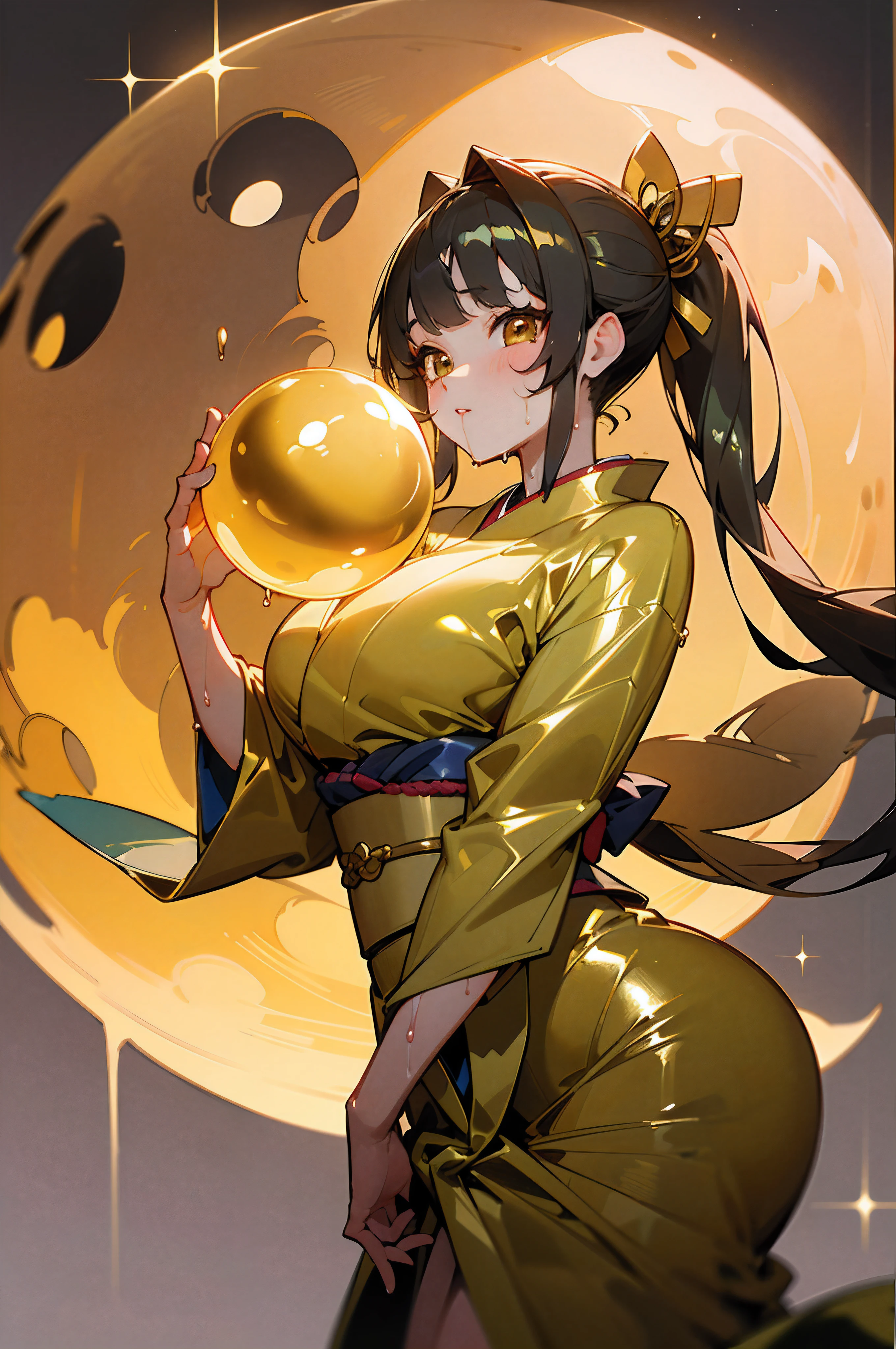 (masterpiece1.5),hyper quality, Hyper Detailed,Perfect drawing,(((Beautiful girl in kimono kissing huge golden sphere)))、1girl in,A dark-haired,(((Skinny kimono made of latex))),(((Oily shiny kimono))),(((Wet and shiny kimono))),shinny skin,。.。.。.3D,16K illustrations,(((clearface))),(((Hi-Res))),nice background、(((beatiful backgrounds)))、(((Detailed drawing)))、Perfect Beautiful Girl、(((Perfect Photo)))、(((kirakira)))、(((shiny)))、shiny、(((Tecateca)))、(((illustrious)))、golden colored、gold、Golden Jade、Dazzling、(((Reflectors)))、a gorgeous、(((high-class sense))),Upright,Vivid Color,Bright glow,reflection,Shunguang