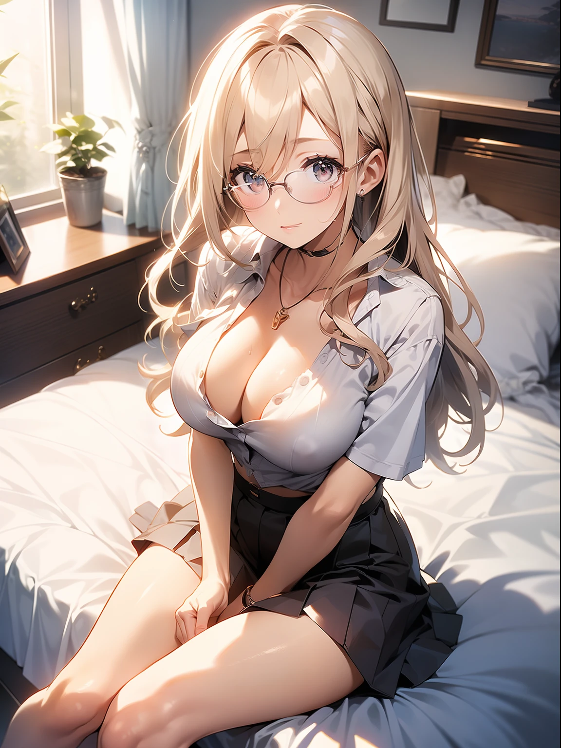 in 8K、top-quality、​masterpiece、ultra-detailliert、Ultra-high resolution、((1 persons))、girl with、a blond、makeups、耳Nipple Ring、a necklace、big round lens glasses、Medium chest、White shirt、Unbutton、cleavage of the breast、Sit on the bed、a miniskirt、((White panty))