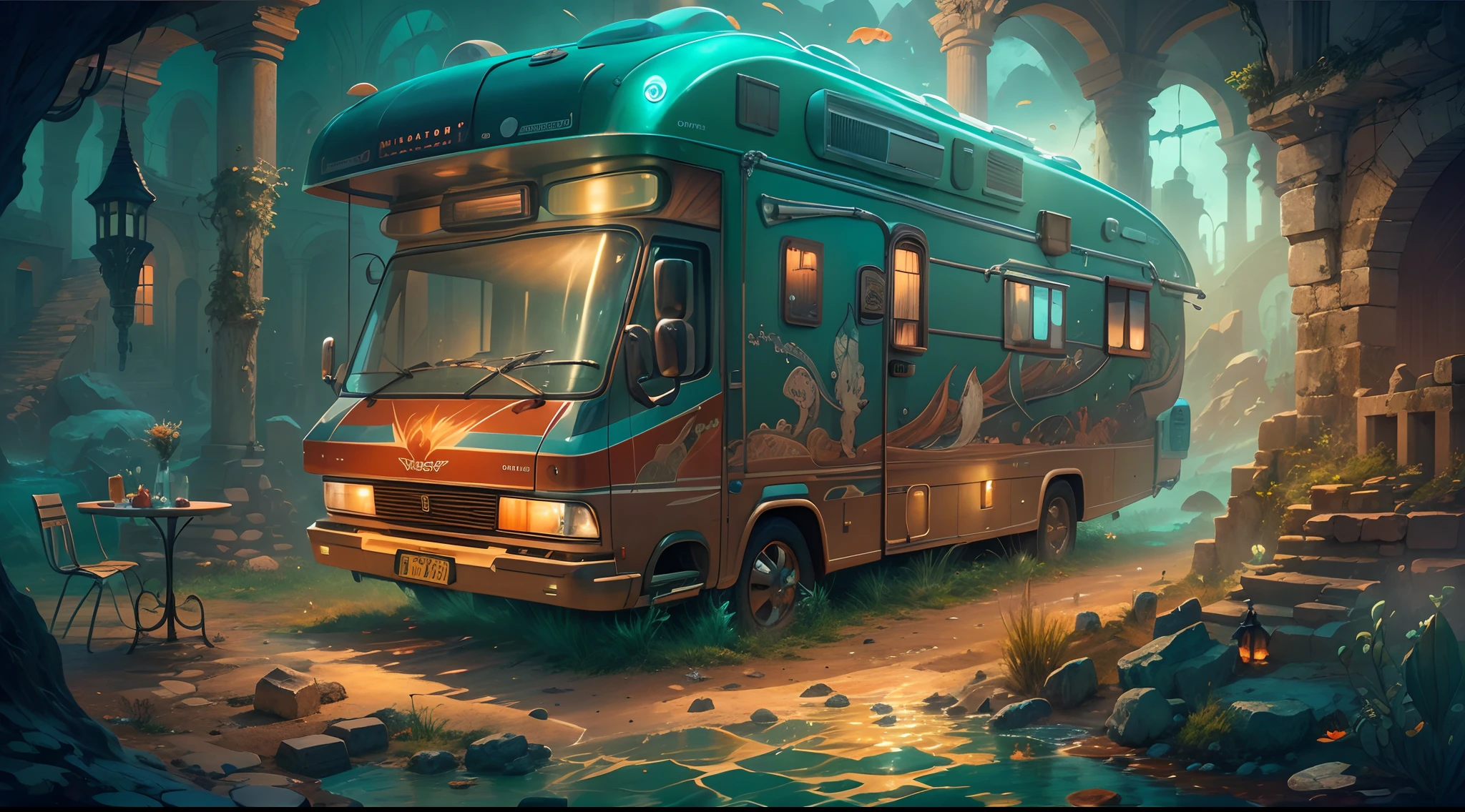 Masterpiece, concept-art, At the bottom of the sea,Fantasy theme, (Dream motorhome:1.2), cozily, camping, vivd colour, Background of ancient ruins of underwater mythology, voluminetric lighting, Global illumination, Reflection, k hd,