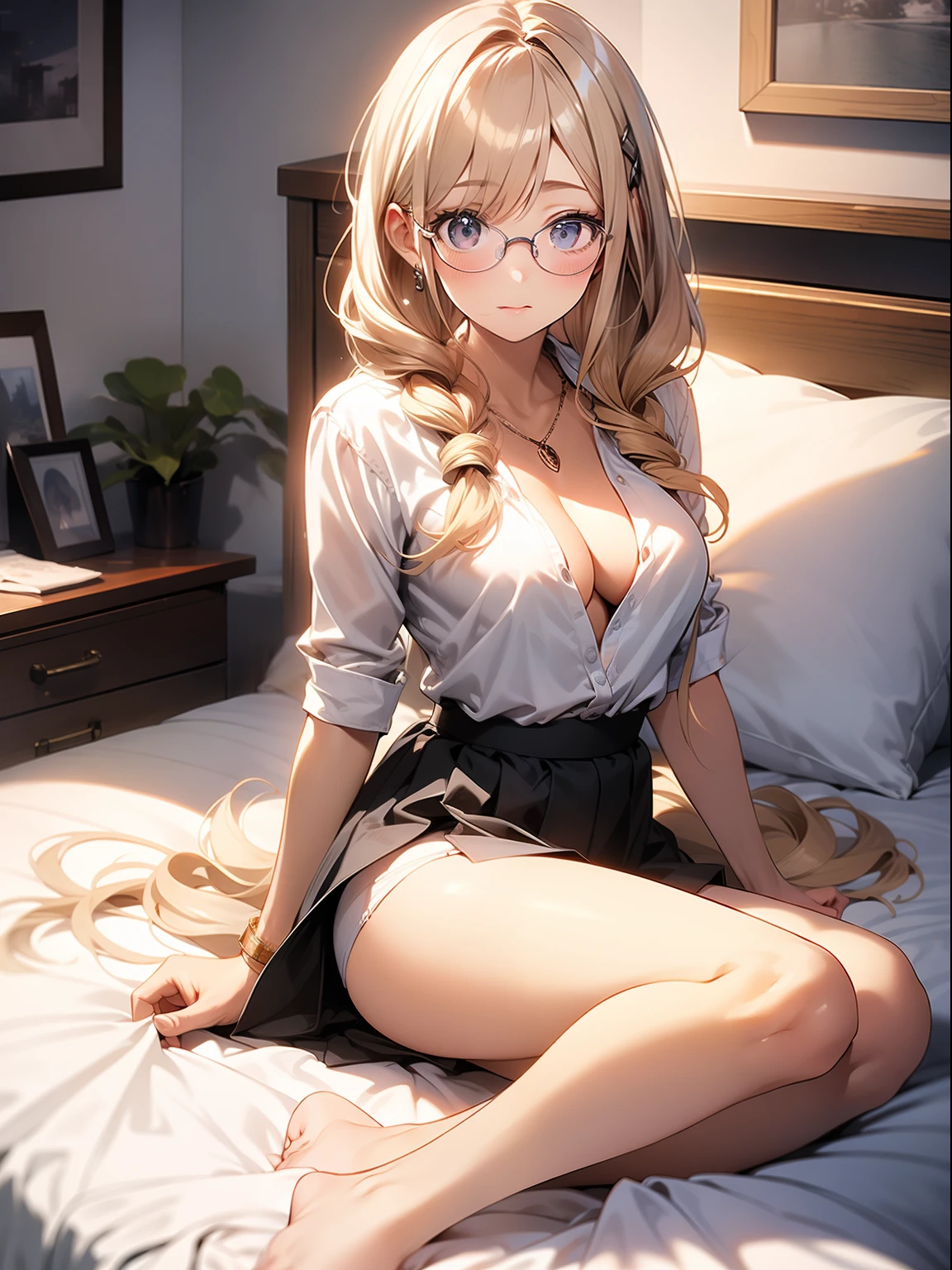 in 8K、top-quality、masterpiece、ultra-detailliert、Ultra-high resolution、((1 persons))、girl with、a blond、makeups、耳Nipple Ring、a necklace、big round lens glasses、Medium chest、White shirt、Unbutton、cleavage of the breast、Sit on the bed、a miniskirt、((White panty))