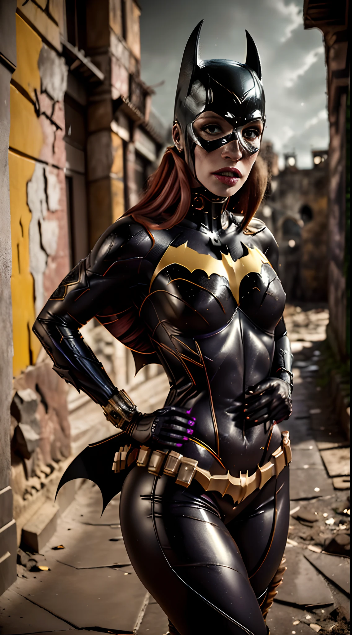 Batgirl DC Comics vestindo um uniforme apertado com uma capa preta em um beco escuro e sinistro sob uma luz de rua fraca, (Sensual pose with hands on waist), (Noite chuvosa com nevoeiro), Batgirl, Bodysuit, corpo tonificado, quadris largos, Allan Moreira, DC Quadrinhos, gothic scenario, Cidade de Gottam. Batgirl is awe-inspiring in an abandoned haunted lost city. fora, highlights your muscles and scars. The scenery is lush and mysterious, com cidade escura e arredores. The camera details everything. ((COSPLAY COMPLETO DE BATGIRL DA DC COMICS)).