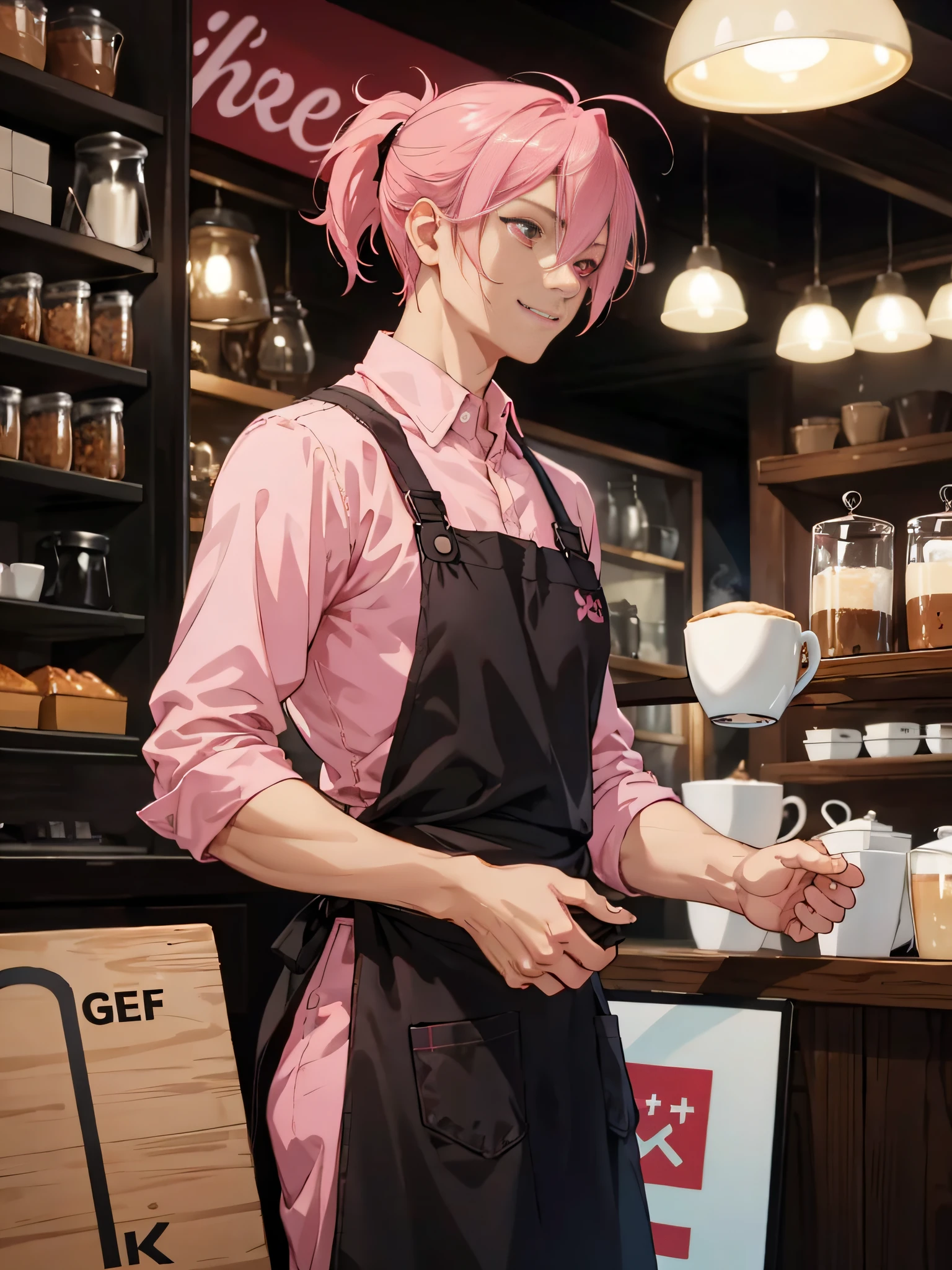 1 male, pink-haired boy, red eyes, fair skin, barista outfit, black and pink barista apron, bustling cafe backdrop, cozy cafe ambiance, joyful and content expression, neatly styled ponytail, short tousled hair, stylish side bangs, best quality, 4k, high-res, masterpiece, ultra-detailed features, realistic proportions, vibrant colors, warm lighting.