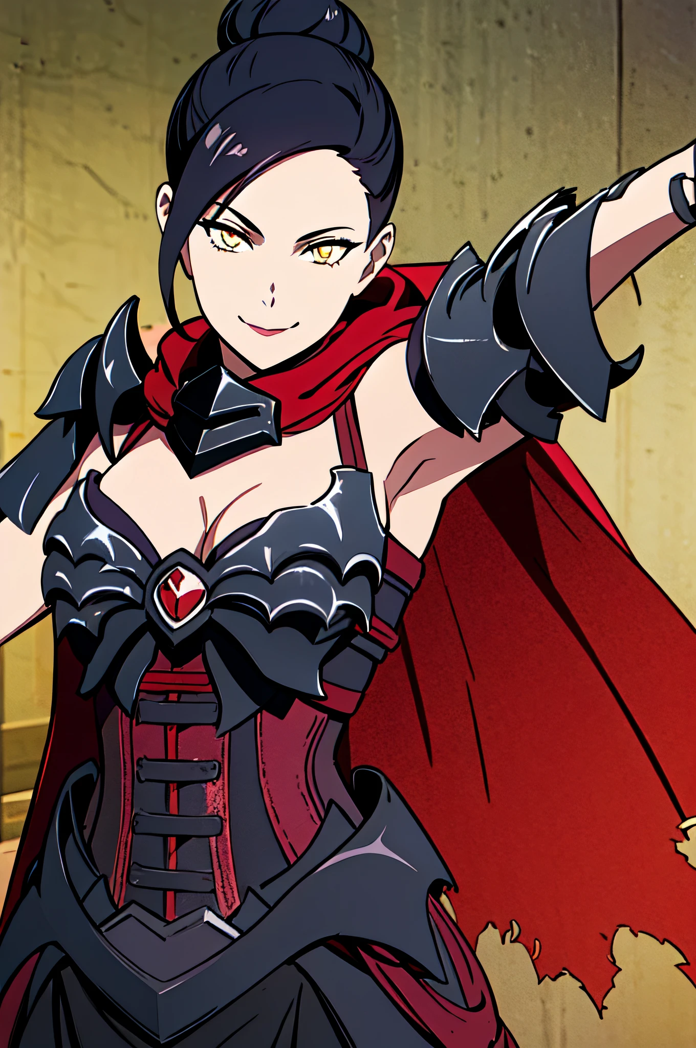 1girl, solo, upper body, facing viewer, looking at viewer, smile, miraKI, black hair, yellow eyes , short hair, hair bun, armor, black corset, cape, cleavage, clawed gauntlets, black footwear.